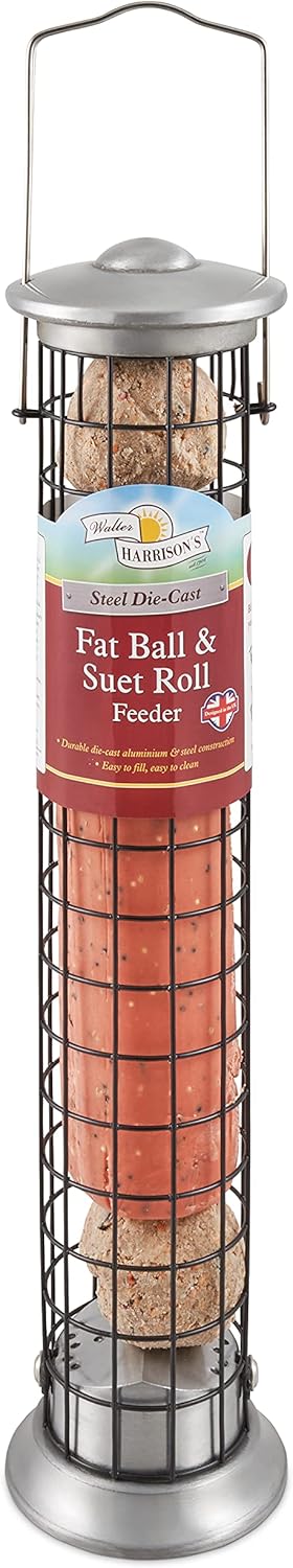 Steel Plated Die Cast Wild Bird Suet Roll & Fat Ball Hard-Wearing Hanging Feeder - 40Cm