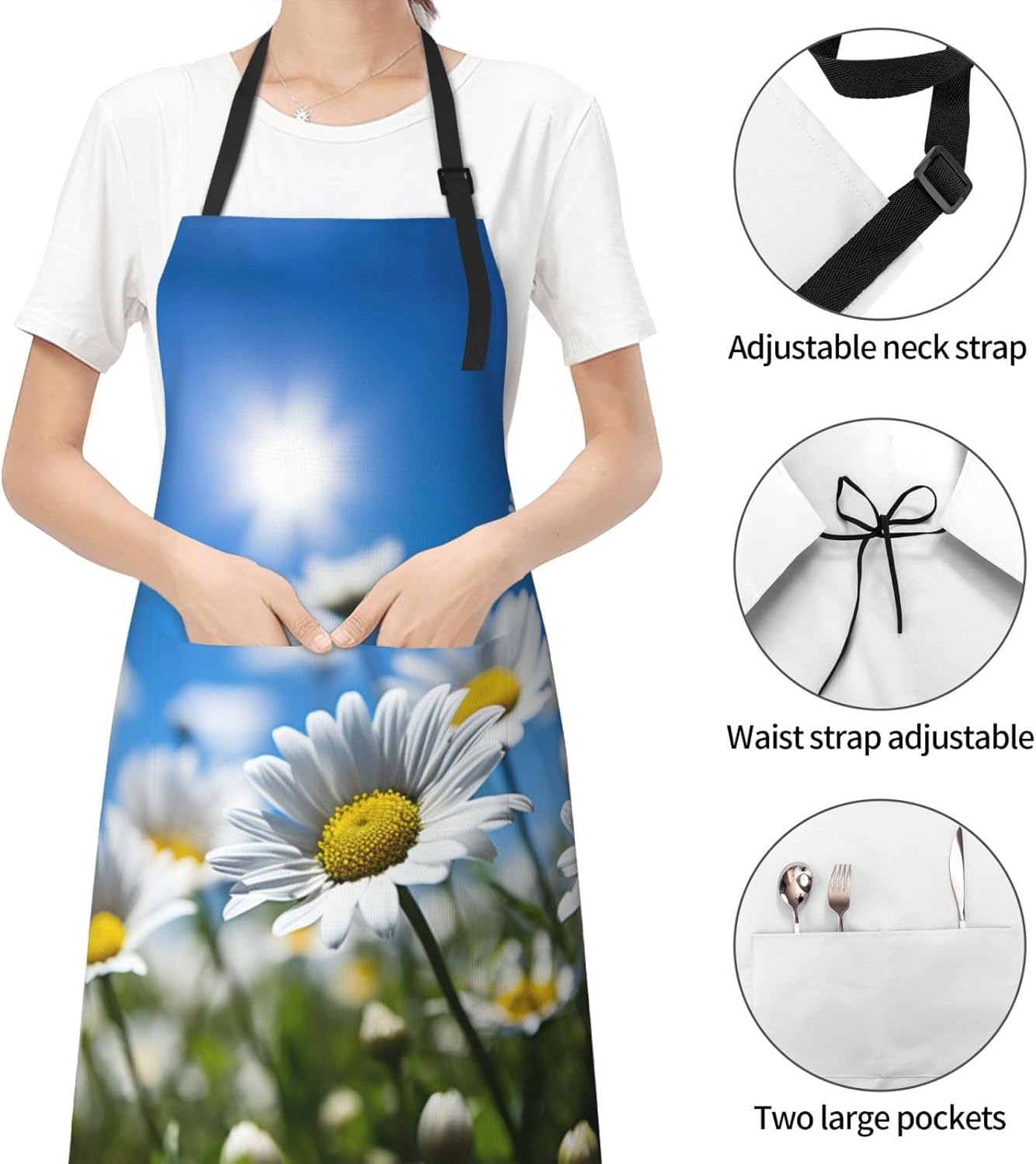 Daisy Flower Picture print Waterproof apron with pocket adjustable coo