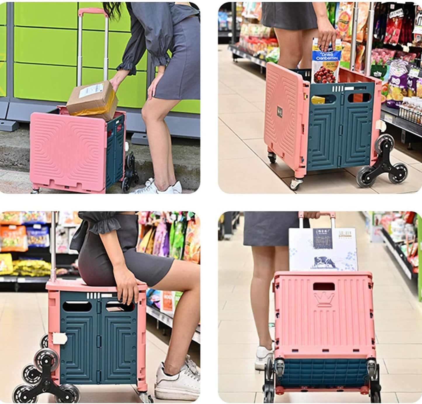Folding Hand Truck Carts Wagons Cart Shopping Picnic Cart Camping Portable Trolley Climb Stairs Portable Folding Trolley (Color : Pink Size : One Szie) (Red One Szie) (Pink One Szie)