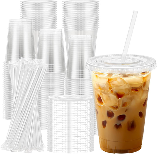 Lamosi 100 Pack 16 oz Clear Plastic Cups with Lids and Straws, Disposa