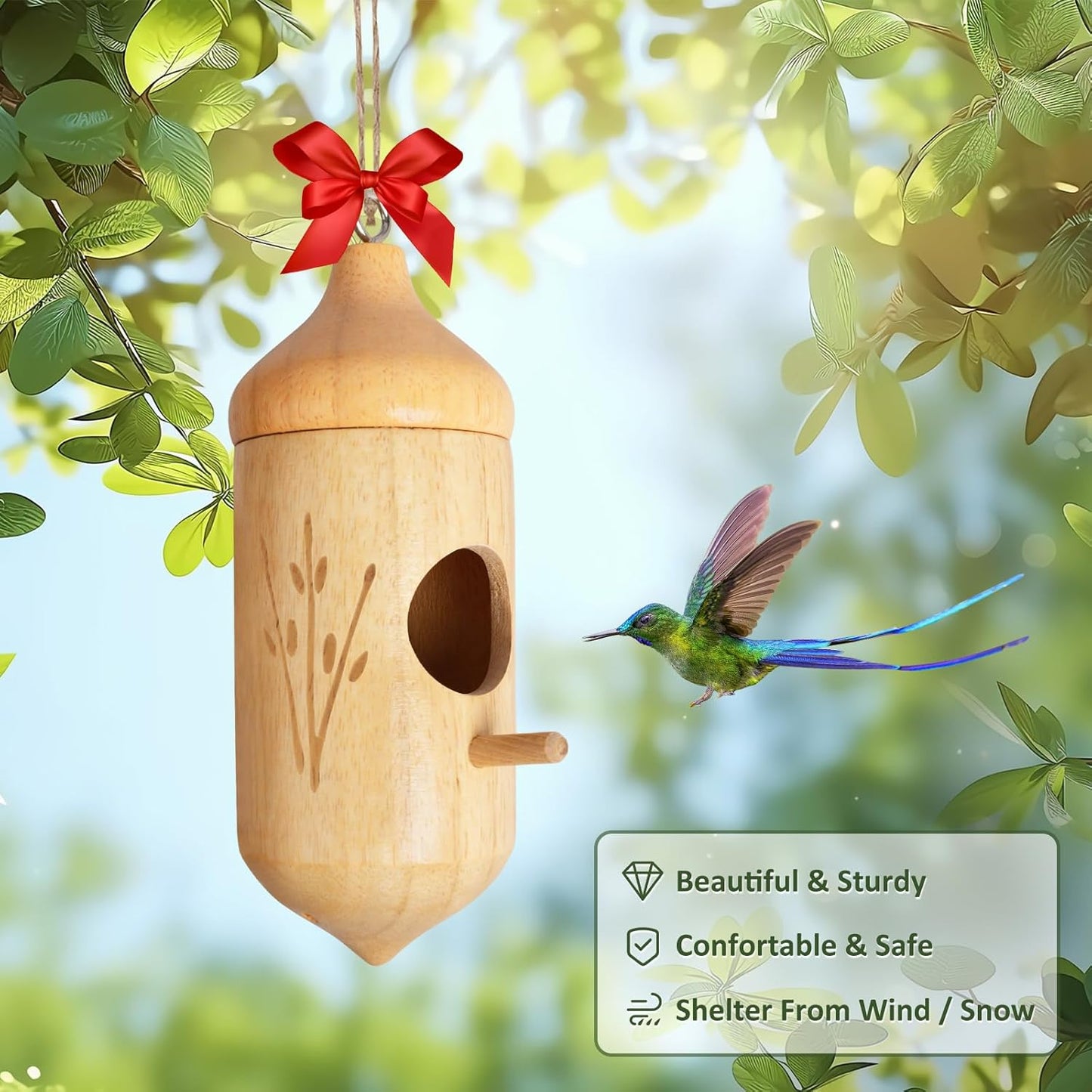 Hummingbird House, Wooden Hummingbird Houses for Outside Hanging, Humming Bird Nest Swinging, Wooden Bird Houses with Cotton, Bow, String, Gardening Gifts Decoration (3 Pack)