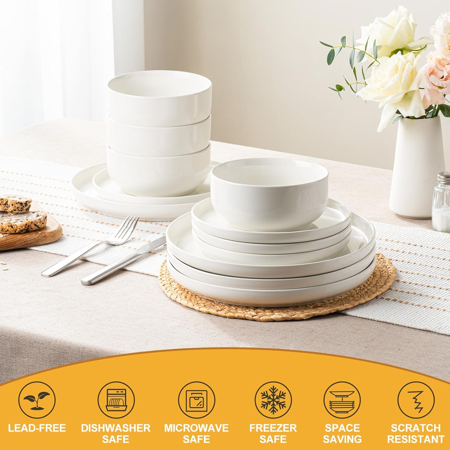 EWFEN Plates and Bowls Sets, 12 Pieces Ceramic Dinnerware Set for 4, S