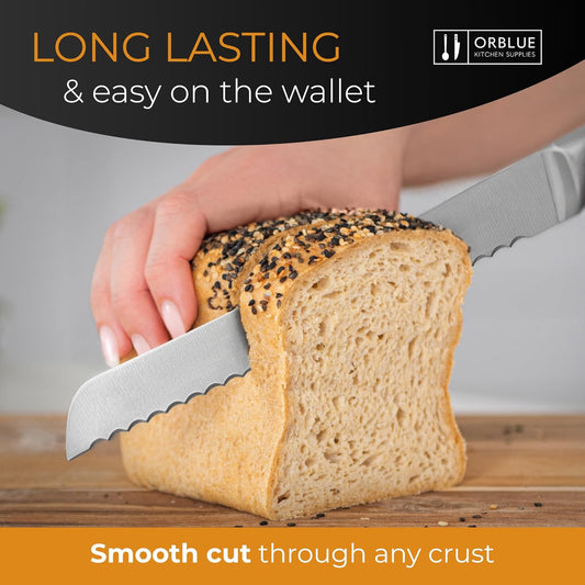 Orblue Serrated Bread Knife with Upgraded Stainless Steel Razor Sharp Wavy Edge Width - Bread Cutter Ideal for Slicing Homemade Bagels, Cake (8-Inch Blade with 5-Inch Handle)