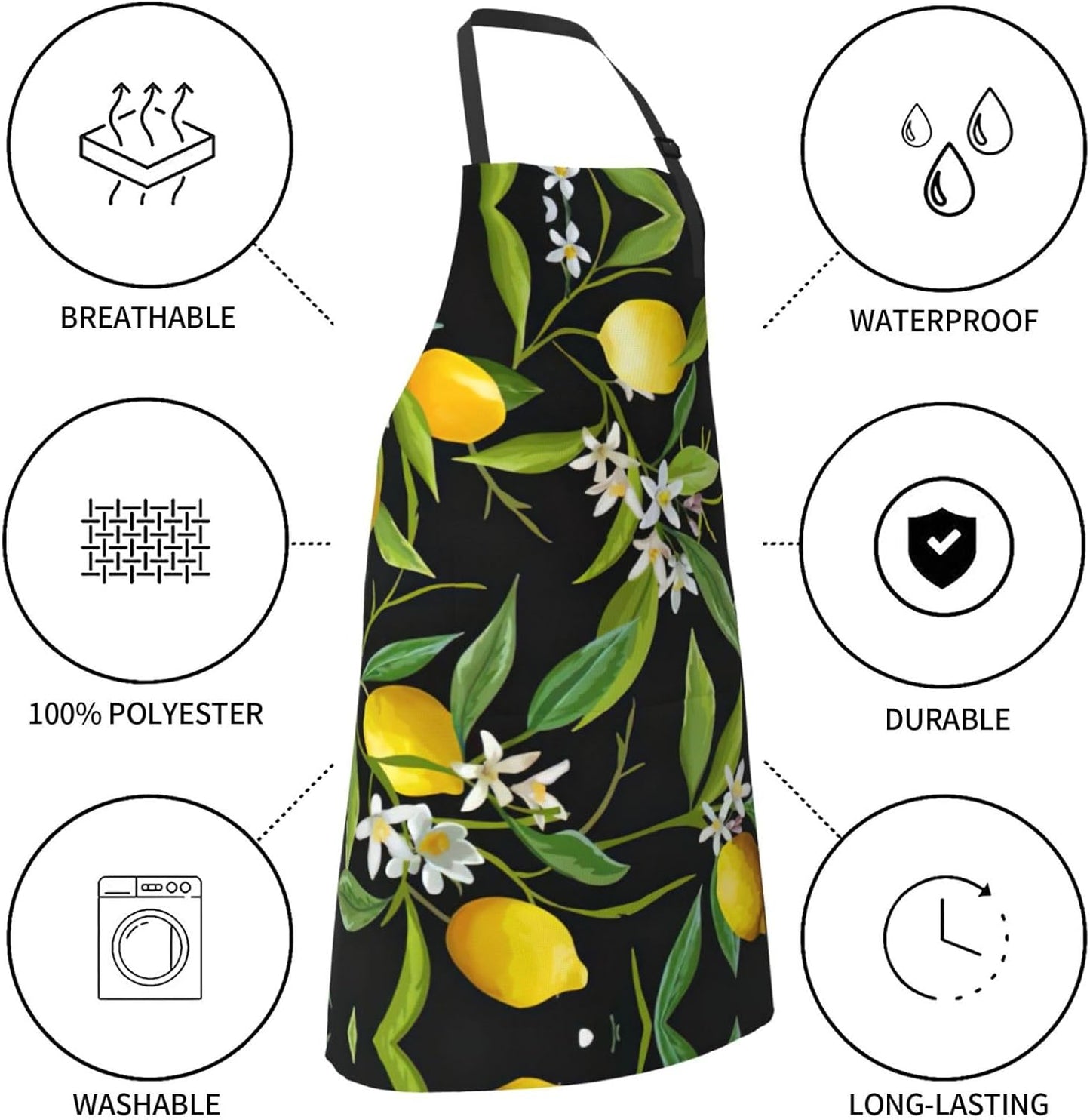 Lemon and Flower Print Laundry apron 28x33 In Waterproof Kitchen Apron with Pockets for Cooking Baking