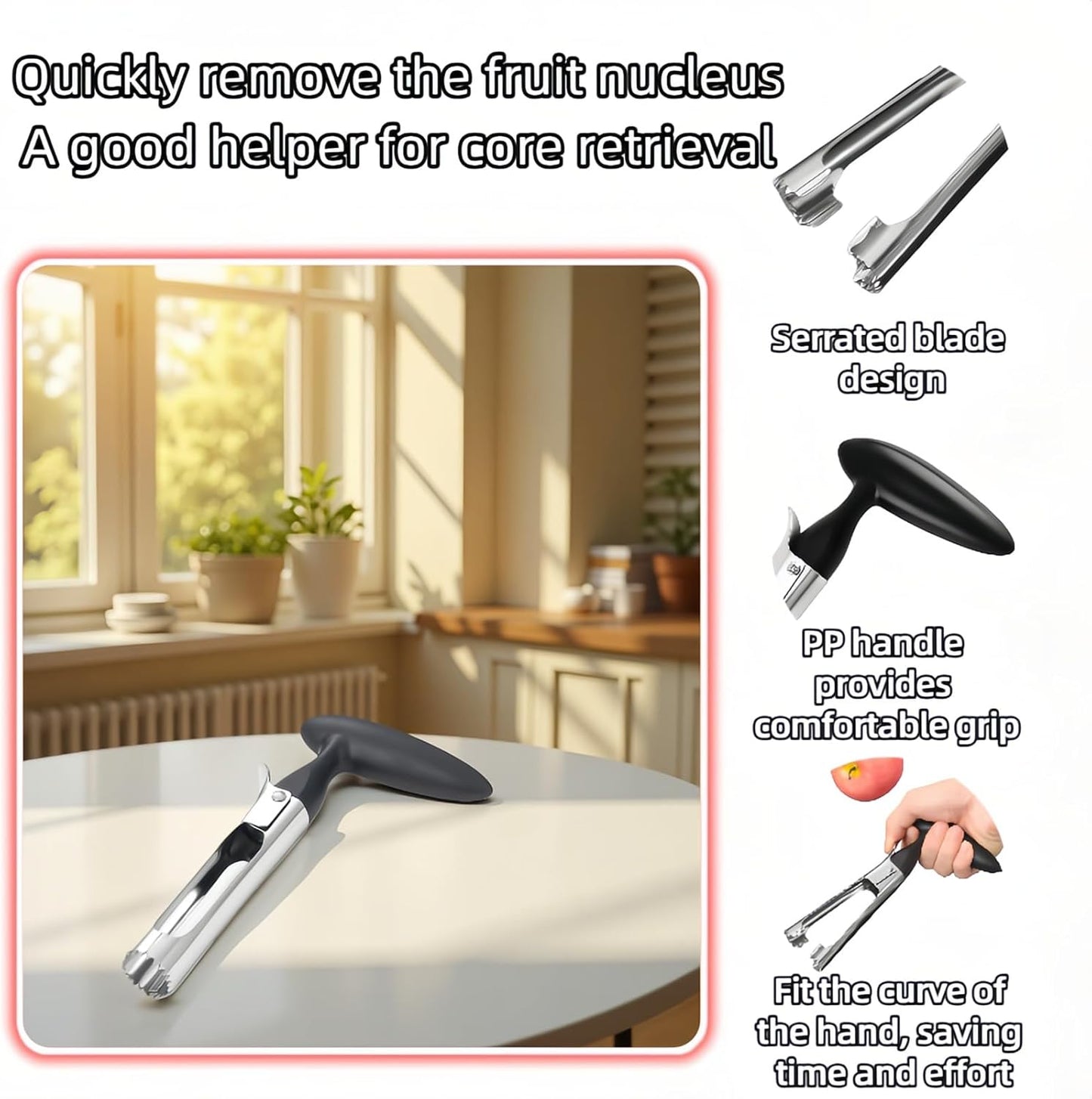 Premium Stainless Steel Apple Corer, Professional Fruit Core Remover Tool with Ergonomic Black Handle, Serrated Blades for Apples, Pears, Peaches, Plums, Easy Use & Clean (Black)