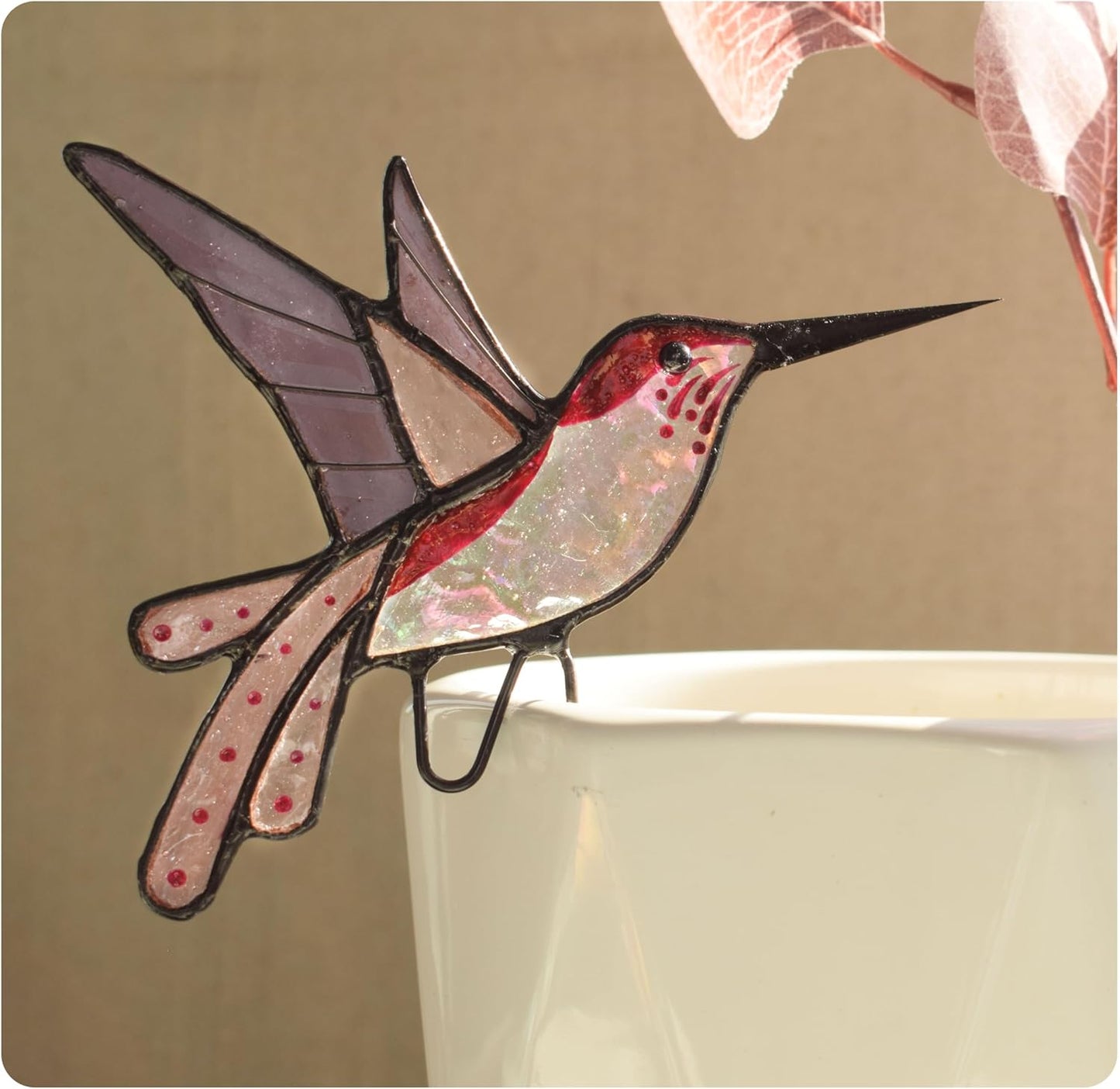 Lolitarcrafts Stained Glass Hummingbird Suncatcher for Planter Decoration – Colorful Glass Plant Pot Ornament, Ideal as a Gift for Christmas or Other Occasions (Purple A)