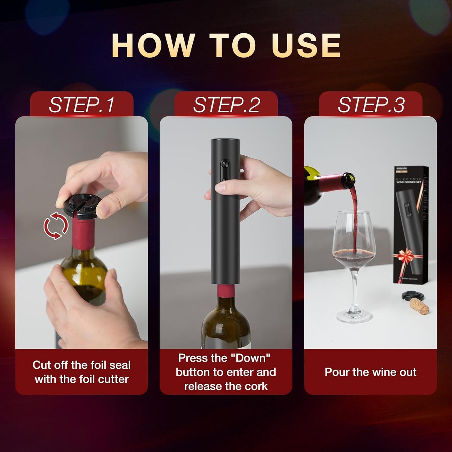 Electric Wine Opener, Automatic Corkscrew with Foil Cutter, One-Button