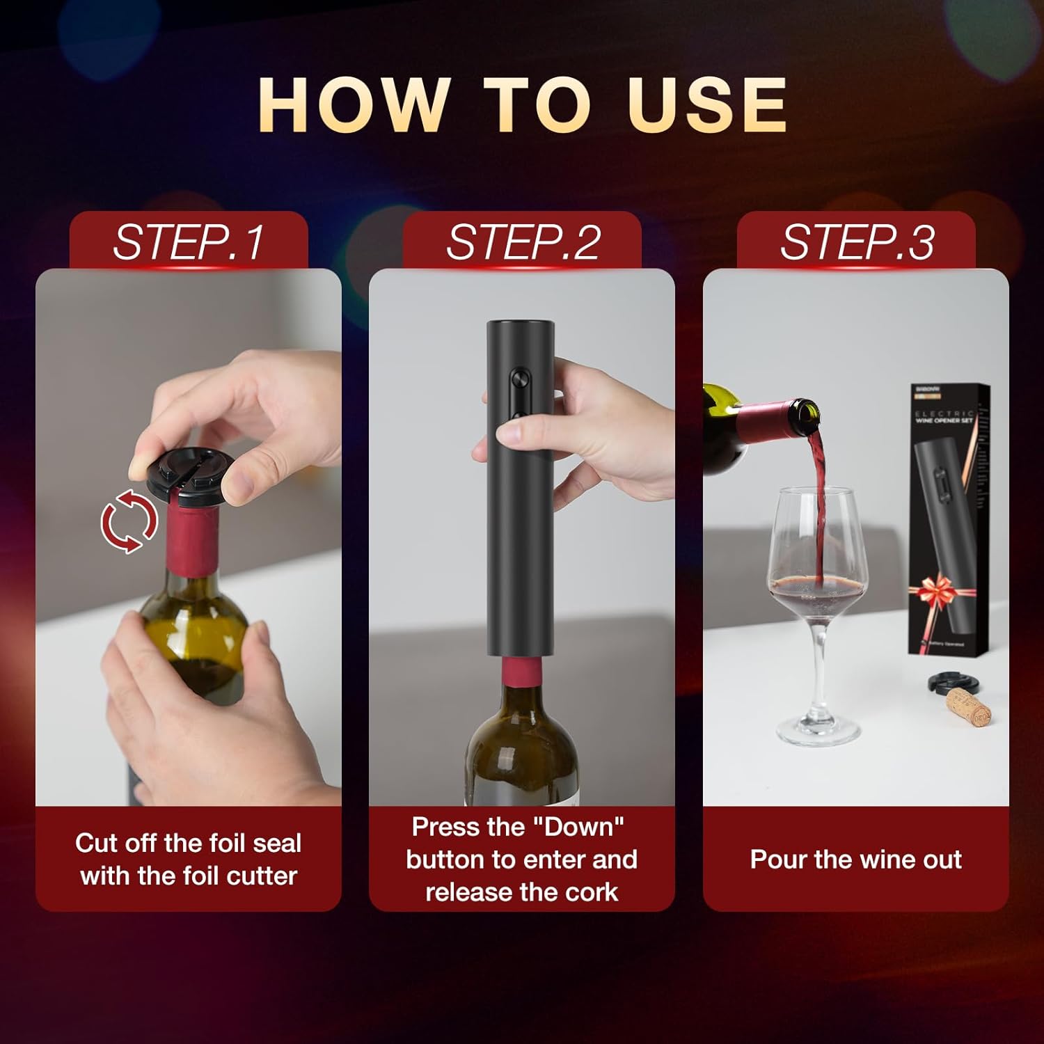 Electric Wine Opener, Automatic Corkscrew with Foil Cutter, One-Button