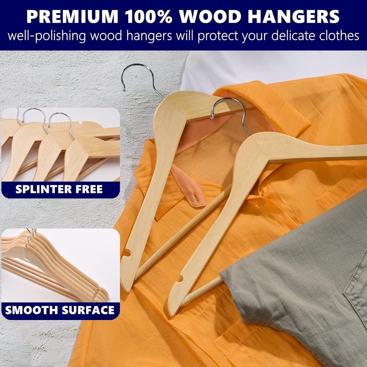 Amber Home 30 Pack Wooden Coat Hangers, Natural Wood Suit Hangers with