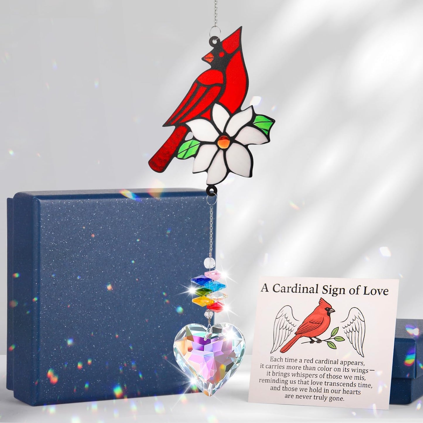 Red Cardinal Bird Window Sun Catcher – Valentines Day Handmade Bird Lover Window Hanging Décor with Suction Cups for Home & Garden - Memorial Cardinal Gifts for Women, Mom,Grandma (A)