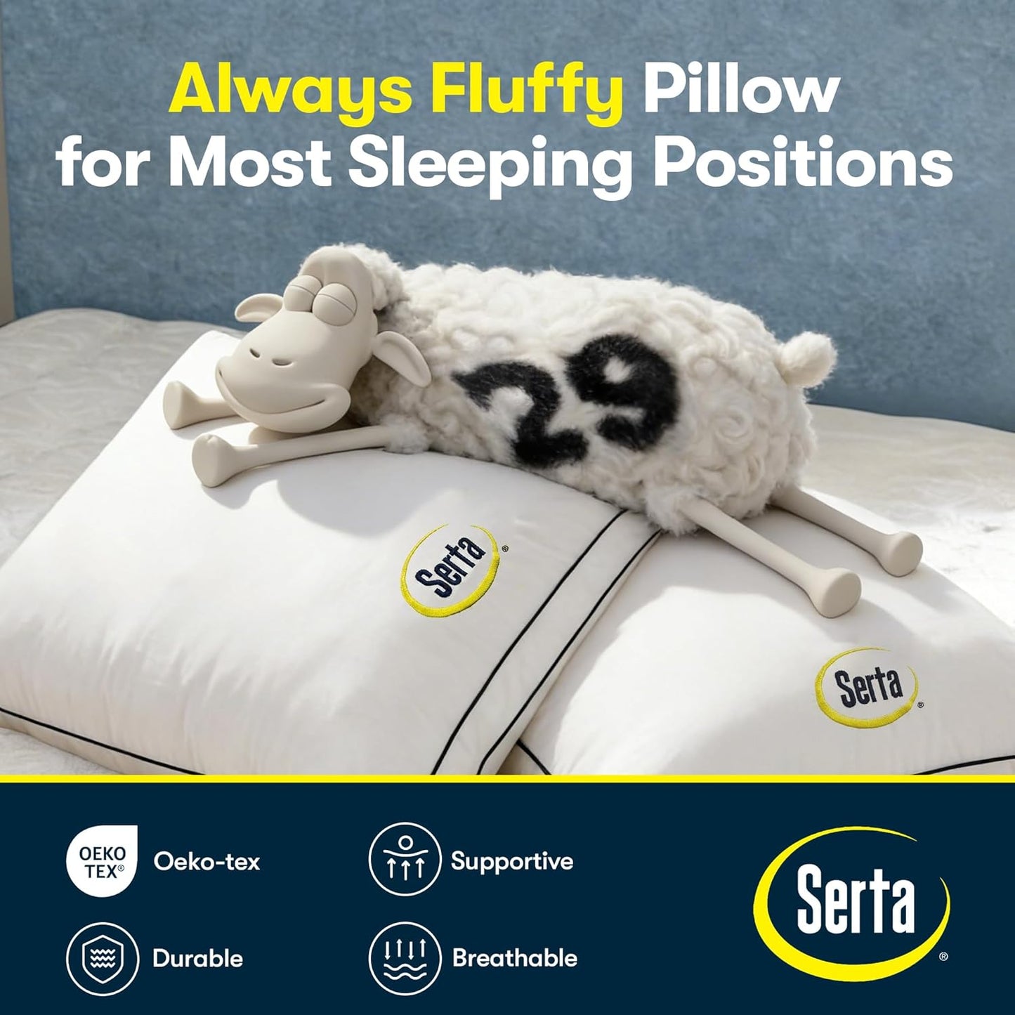 Serta Hotel Collection Bed Pillows Queen/Standard Size Set of 2, 400 Thread Count 100% Cotton Cover, Medium Firm, Support Gusseted Down Alternative Pillow for Back, Stomach or Side Sleepers, 18" x 26"