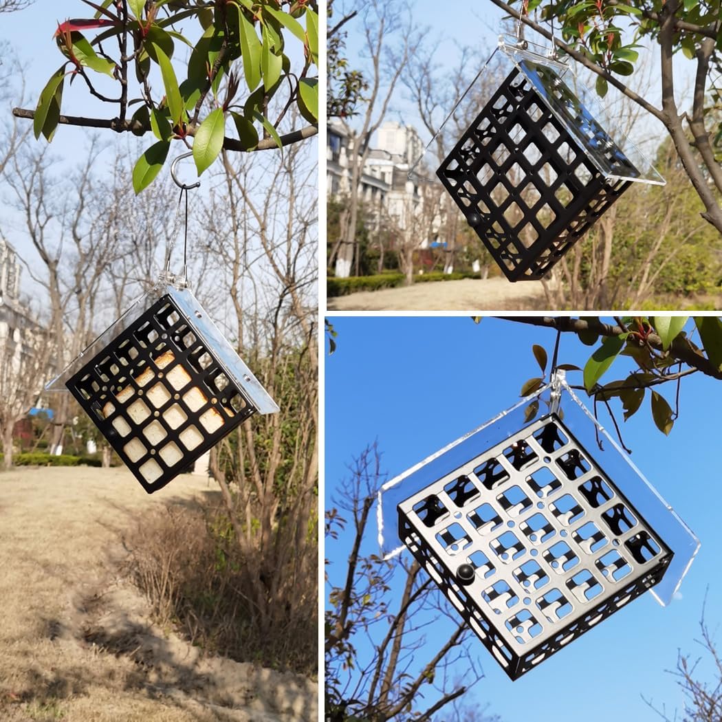 Suet Cage Bird Feeder for Outdoors - Hanging Outside or on Window - Easy DIY Assembly with Clear Roof Rain Proof - Basket for Woodpecker, Chickadee, Nuthatch