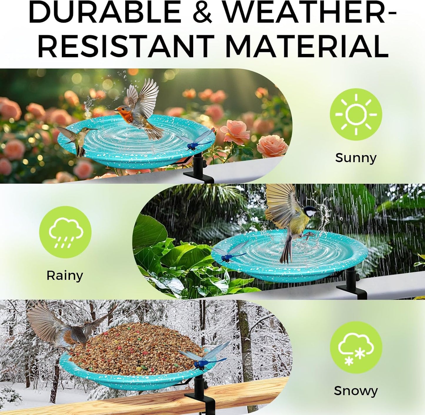 Deck Mounted Bird Bath,Premium Bird Water Feeder Bowl with Adjustable Clamp for Railing–Detachable & Weather Resistant Outdoor Garden Decor 11.5Inch (Sky Blue with White Dots)
