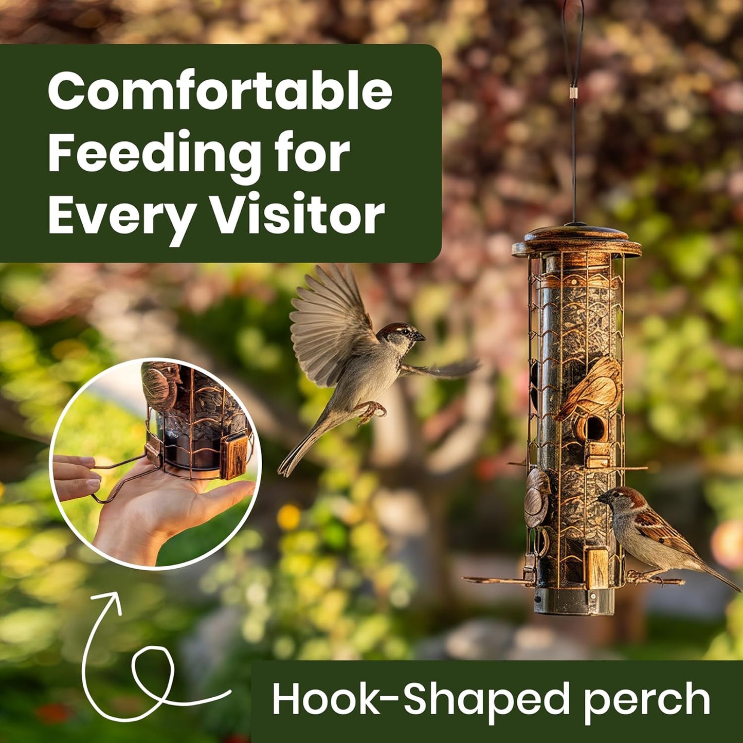 Squirrel-Proof Bird Feeders for Outdoors Feeds Mealworms and Seeds - Large 3-Pound Capacity, Weather-Resistant Hanging Tube for Birds Includes Seed Scoop, 4 Hook-Shaped Perches, Anti-Squirrel Weights