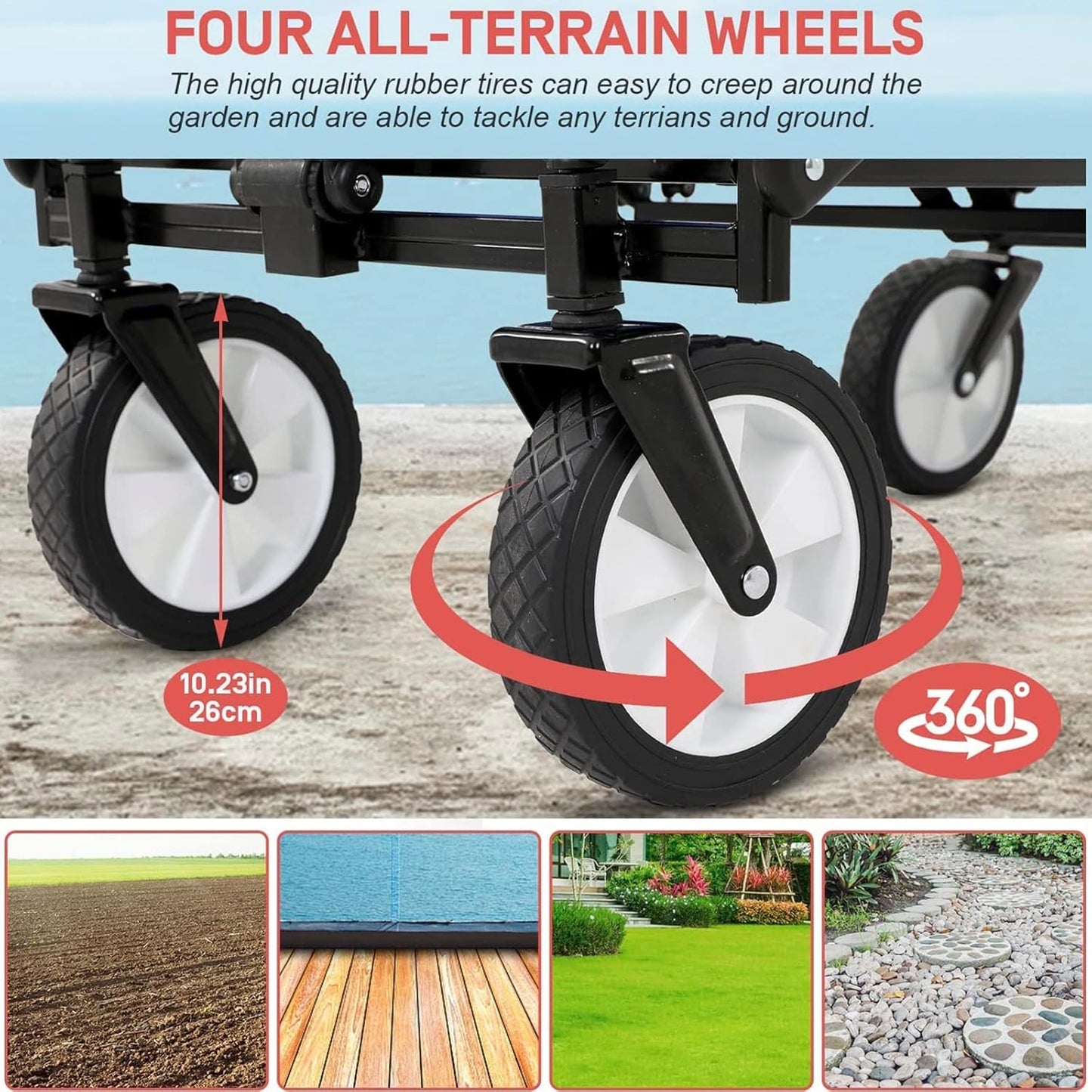 Heavy Duty Collapsible Folding Wagon - Portable Garden Cart with Universal Wheels, Large Capacity Utility Wagon for Outdoor Camping, Beach, Grocery Shopping, Sports, BBQ - Khaki