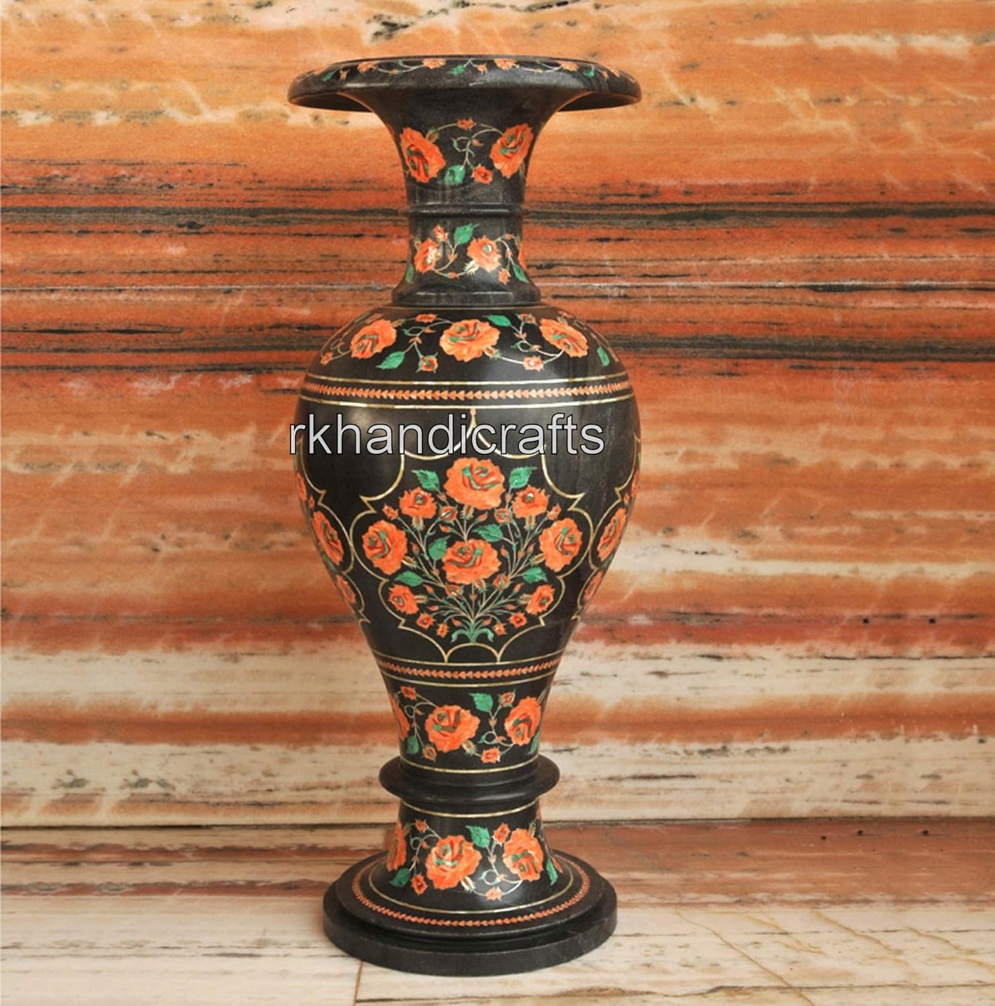 21 Inches Carnelian Plant Stand Inlaid with Floral Pattern Black Marble Table Decor Vase for Hotel and Restaurant