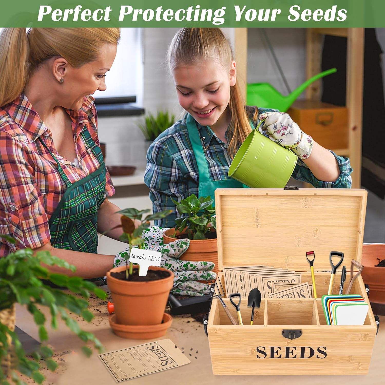Luxiv Bamboo Seed Saving Box, Wood Seed Storage Organizer Box Large Se