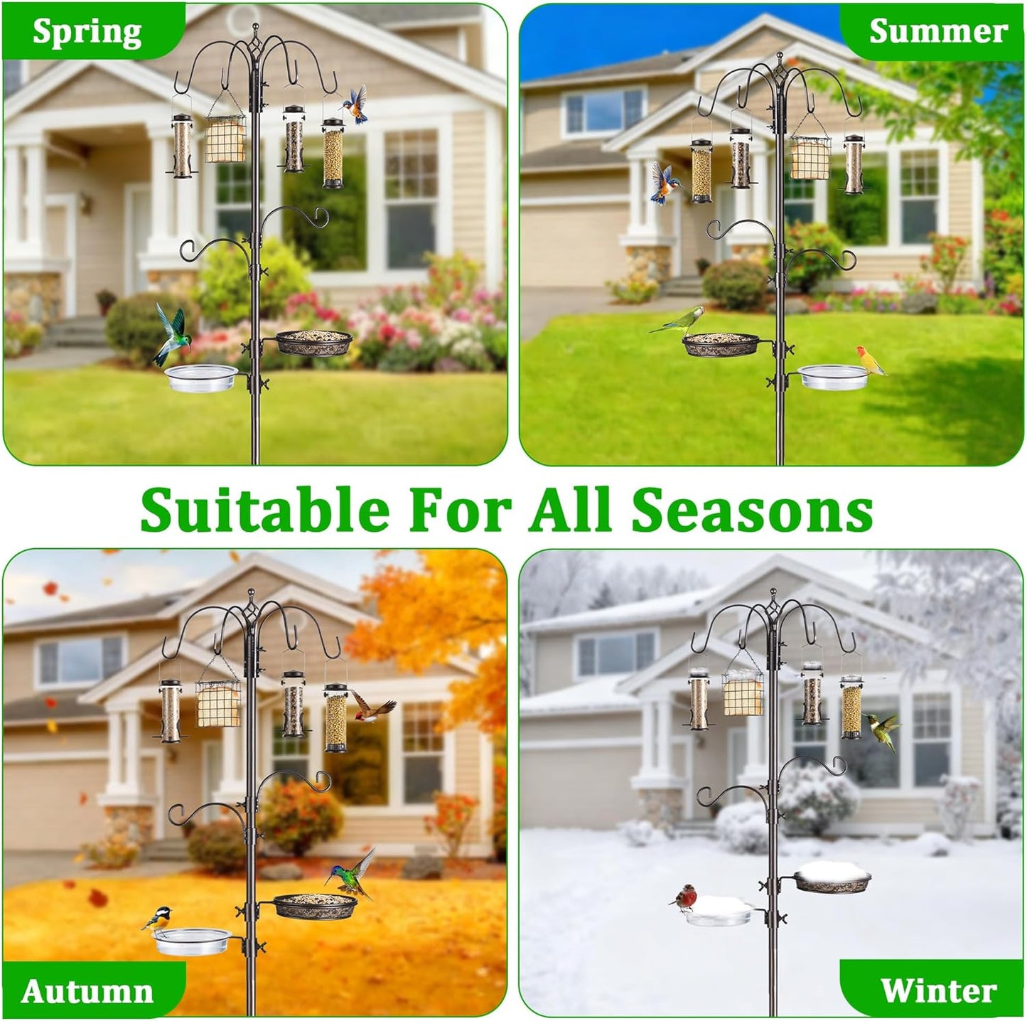 Bird Feeding Station Kit, 94 Inch Metal Birds Feeder Stand Pole with 6-Hook, Bird Bath and Mesh Tray, 5-Prong Base