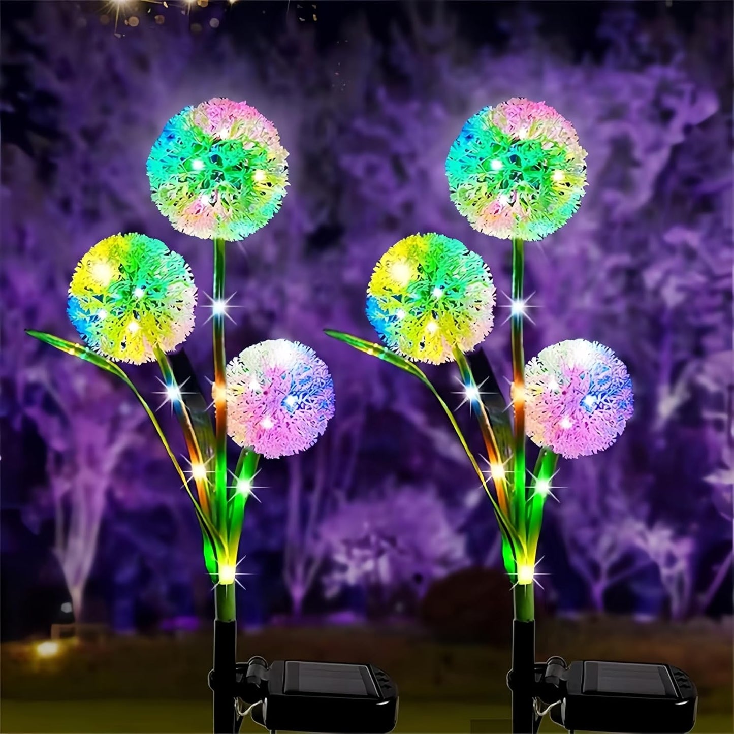 Dandelion Solar Garden Lights, 3-Head 2-Pack - Upgraded Outdoor Flower Lights, Color-Changing Waterproof Solar Outdoor Lights, Suitable for Pathways, Gardens, patios, backyards, Parties (Colored)