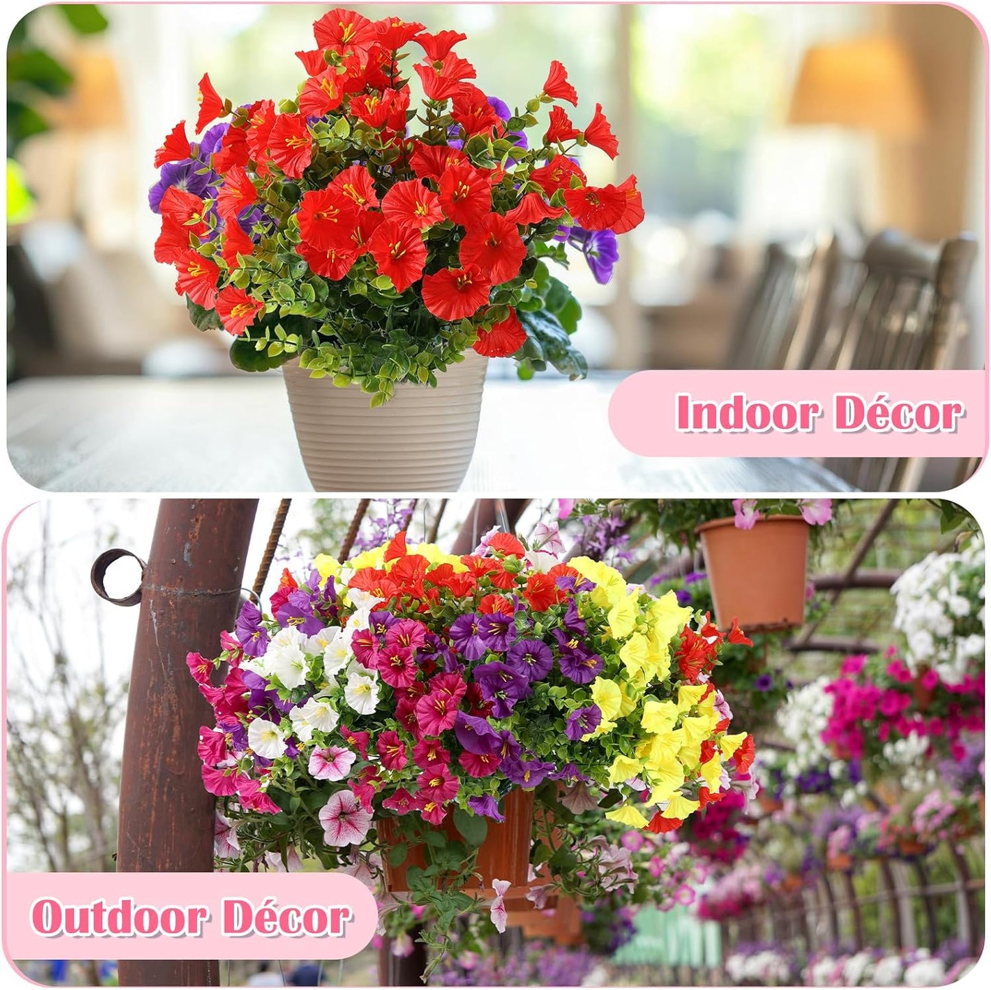 15 Bundles Artificial Summer Flowers for Outdoor, Fake Silk Morning Glory for Outside UV Resistant, Realistic Faux Plants for Planters(Not Include Flower Pot)