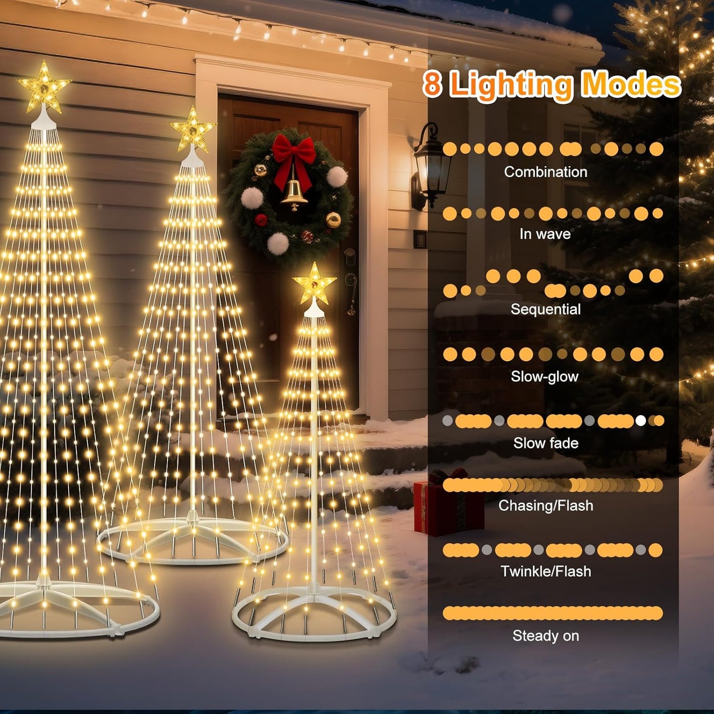Outdoor Solar Christmas Tree, 3PCS LED Christmas Trees with Remote, 5ft/6ft/7.5ft Multi-Size Set, 8 Modes, IP65 Waterproof, USB Backup, Auto On/Off for Yard Garden Holiday Decor, Warm White