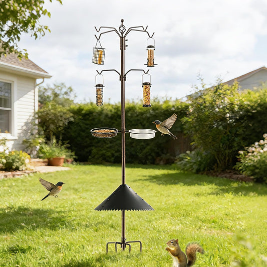 Bird Feeder Station Kit - Wild Bird Feeder Pole with Multi Feeder, Suet Cage, Planter Hanger with Squirrel Guard Baffle for Attracting Birds