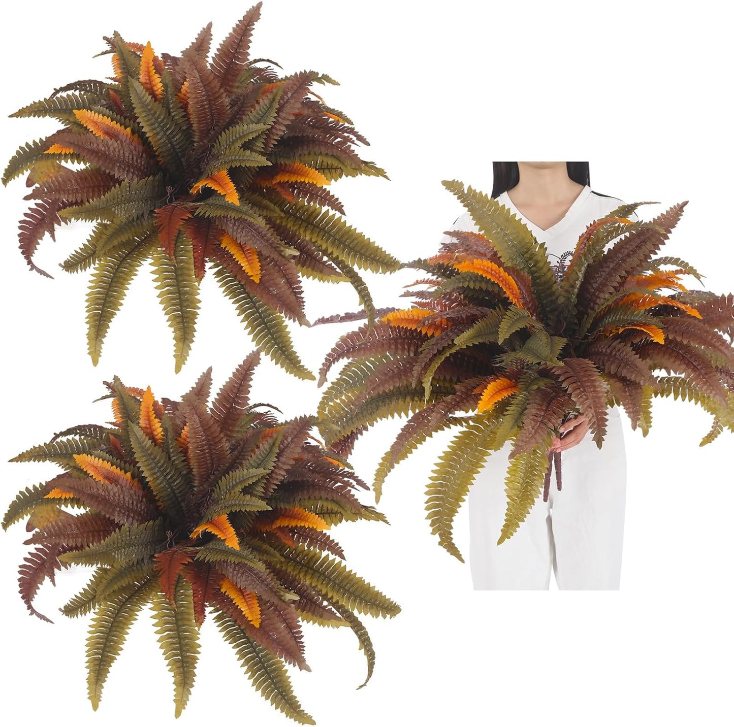 2 Pack 44'' Artificial Boston Fern Fall Porch Decor Hanging Plants Natural Indoor Outdoor Large Fake Ferns for Home, Garden, Thanksgiving, Autumn Decor