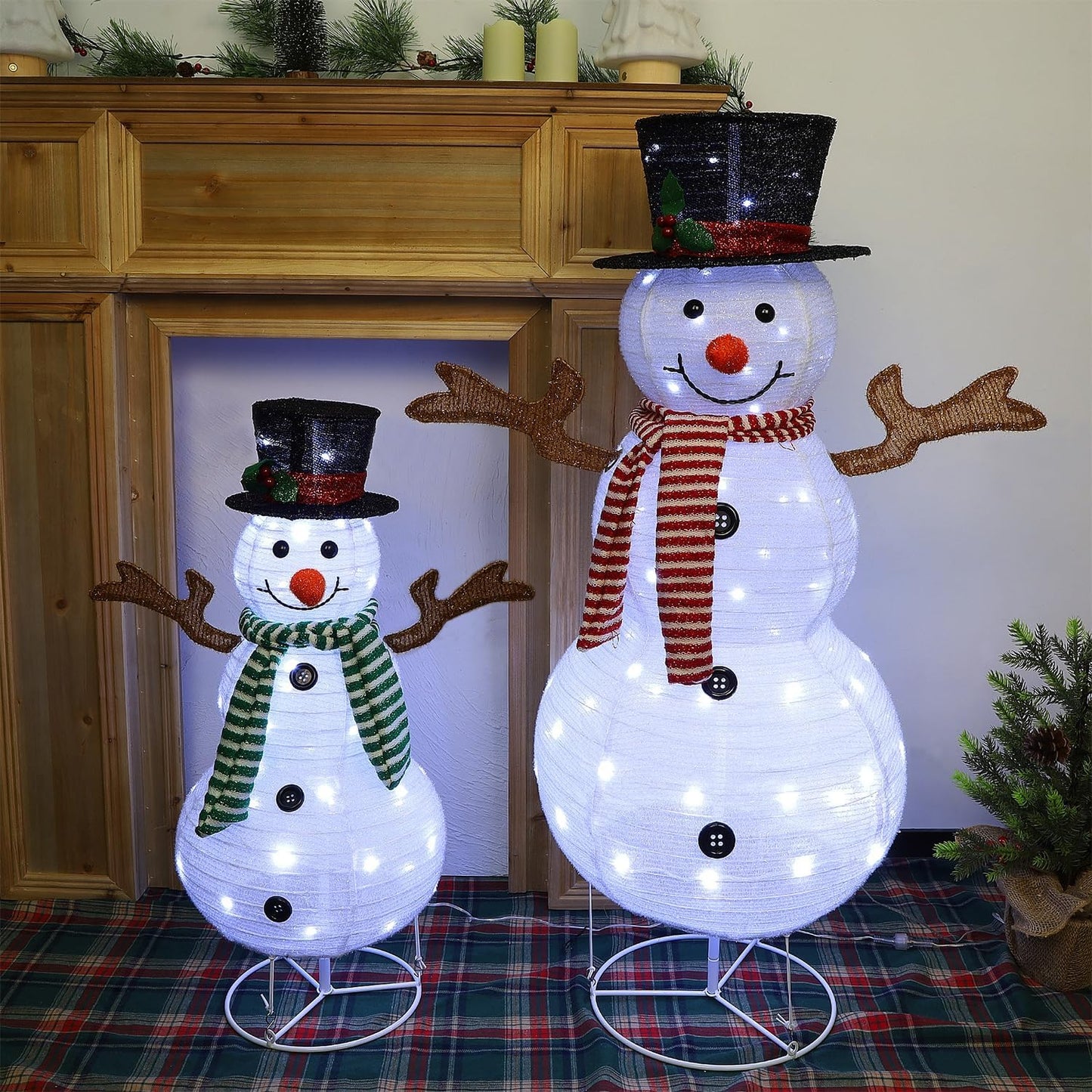 Juegoal Set of 2 Lighted Christmas Snowman Decorations, 3.5+2.3FT Outdoor Collapsible White Snowmen with LED Lights, Pre-Lit Pop Up Xmas Yard Display, Plug in for Holiday New Year Winter Lawn Garden