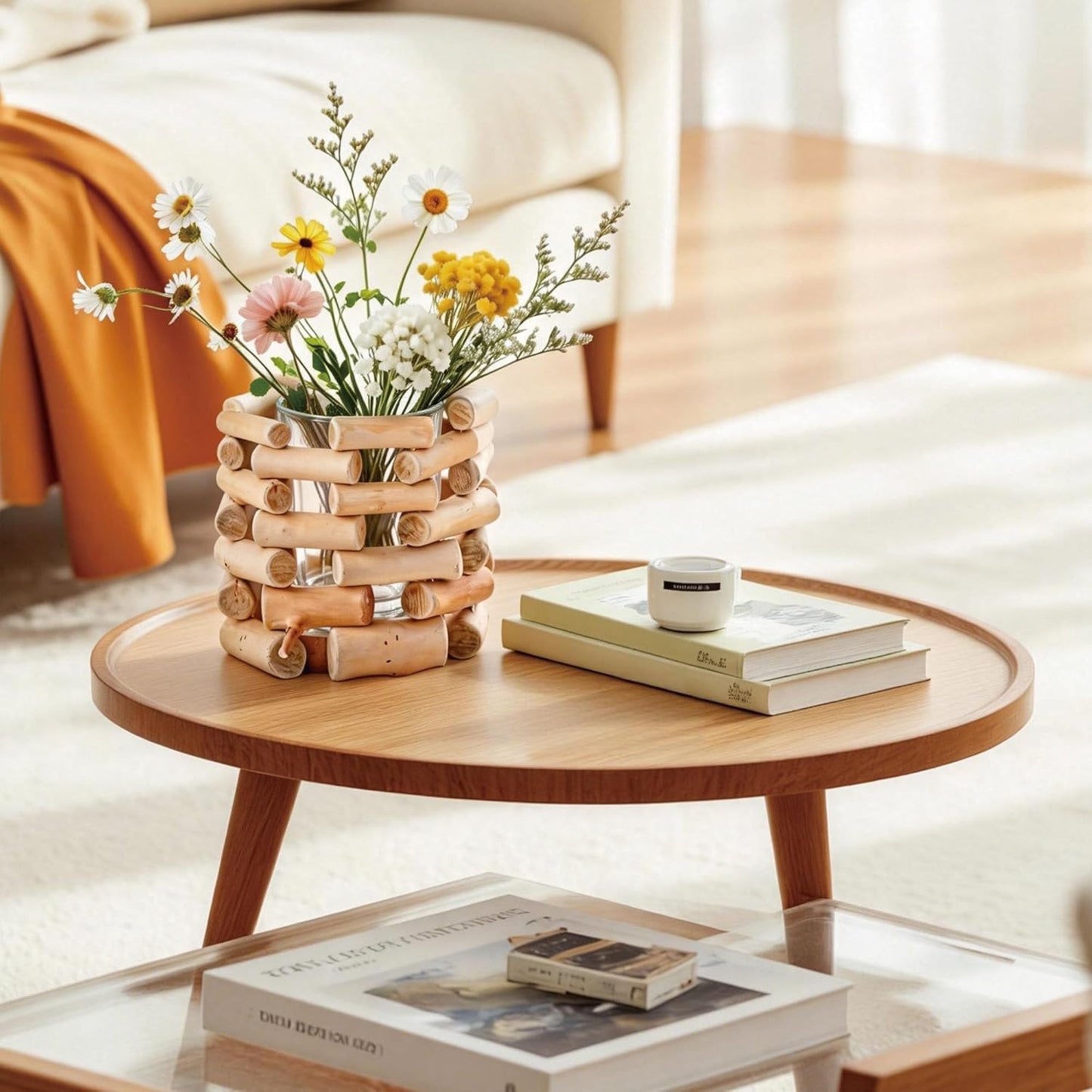 Modern Farmhouse Solid Wood Vase - Built-in 3.5 Inch Glass Container f