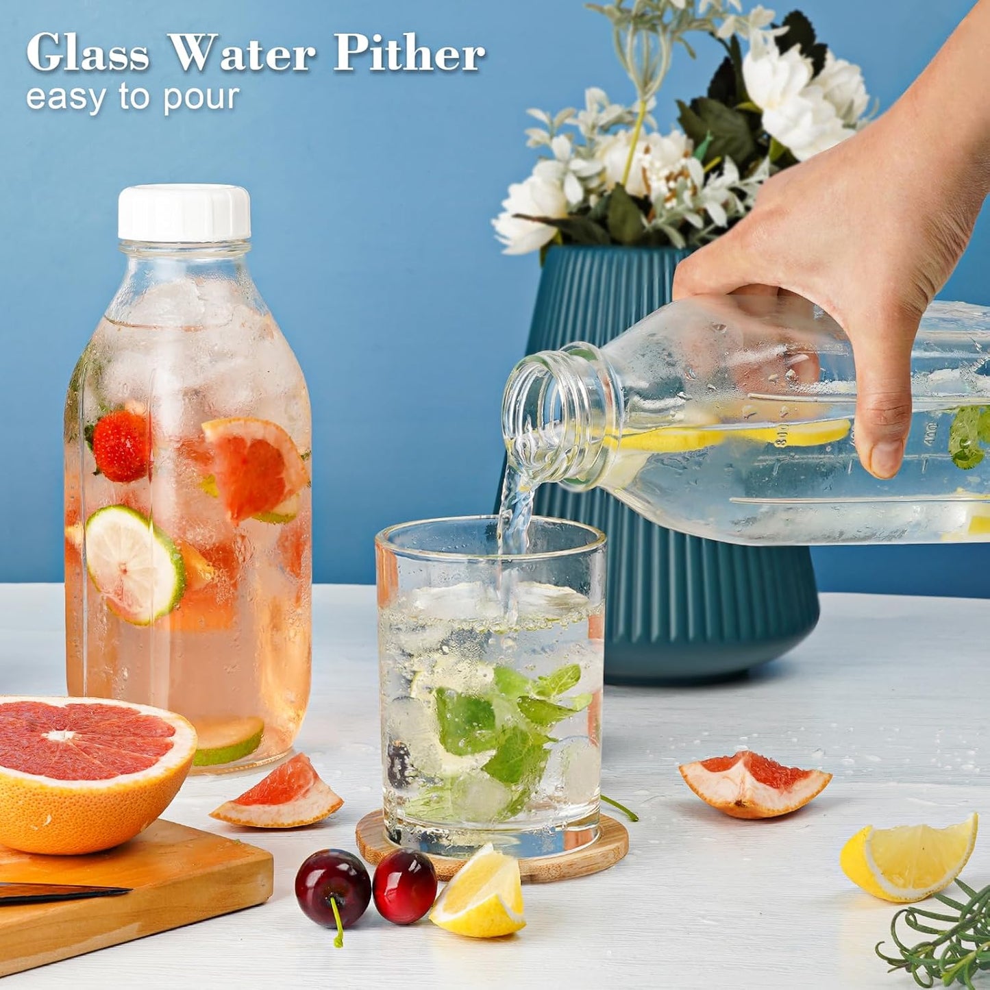 2 Pack Glass Milk Bottle with 2 Dispenser Caps, 100% Airtight Heavy Du