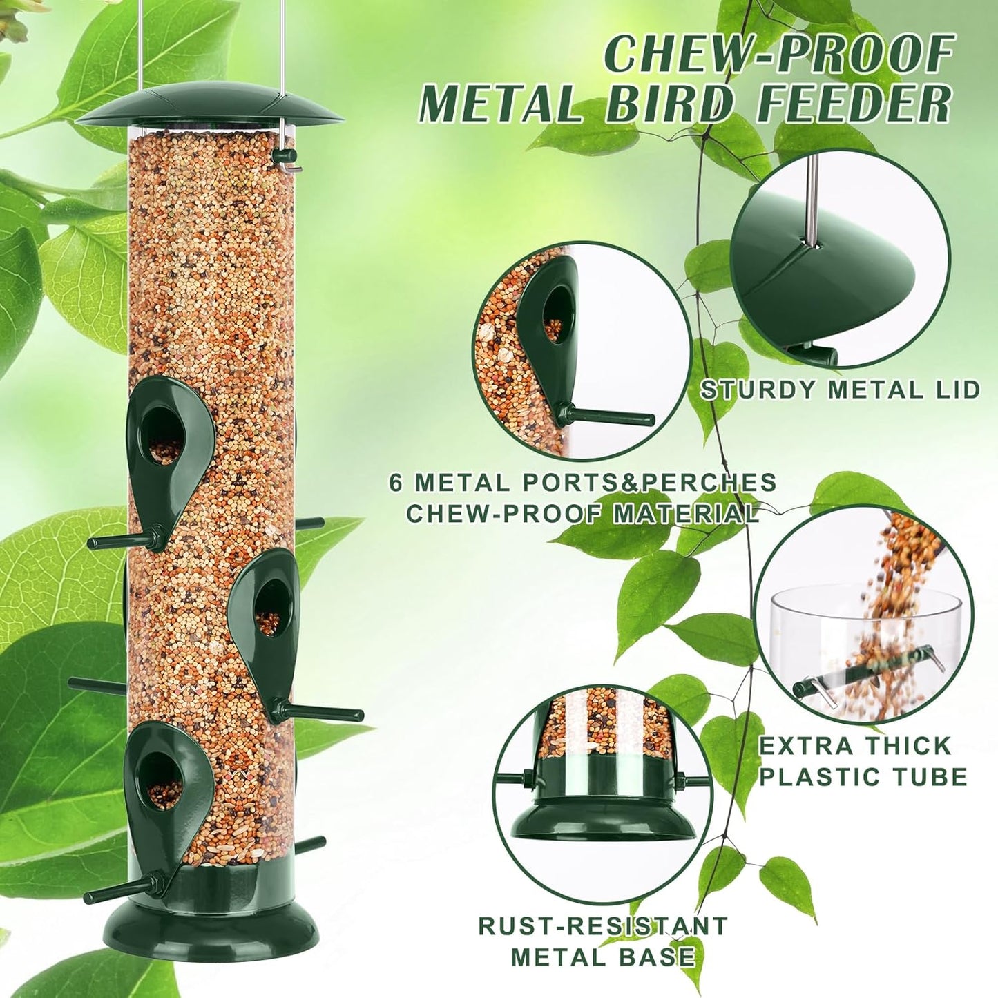 FEED GARDEN Metal Bird Feeder - 6 Port Tube Feeder for Outdoors, Heavy