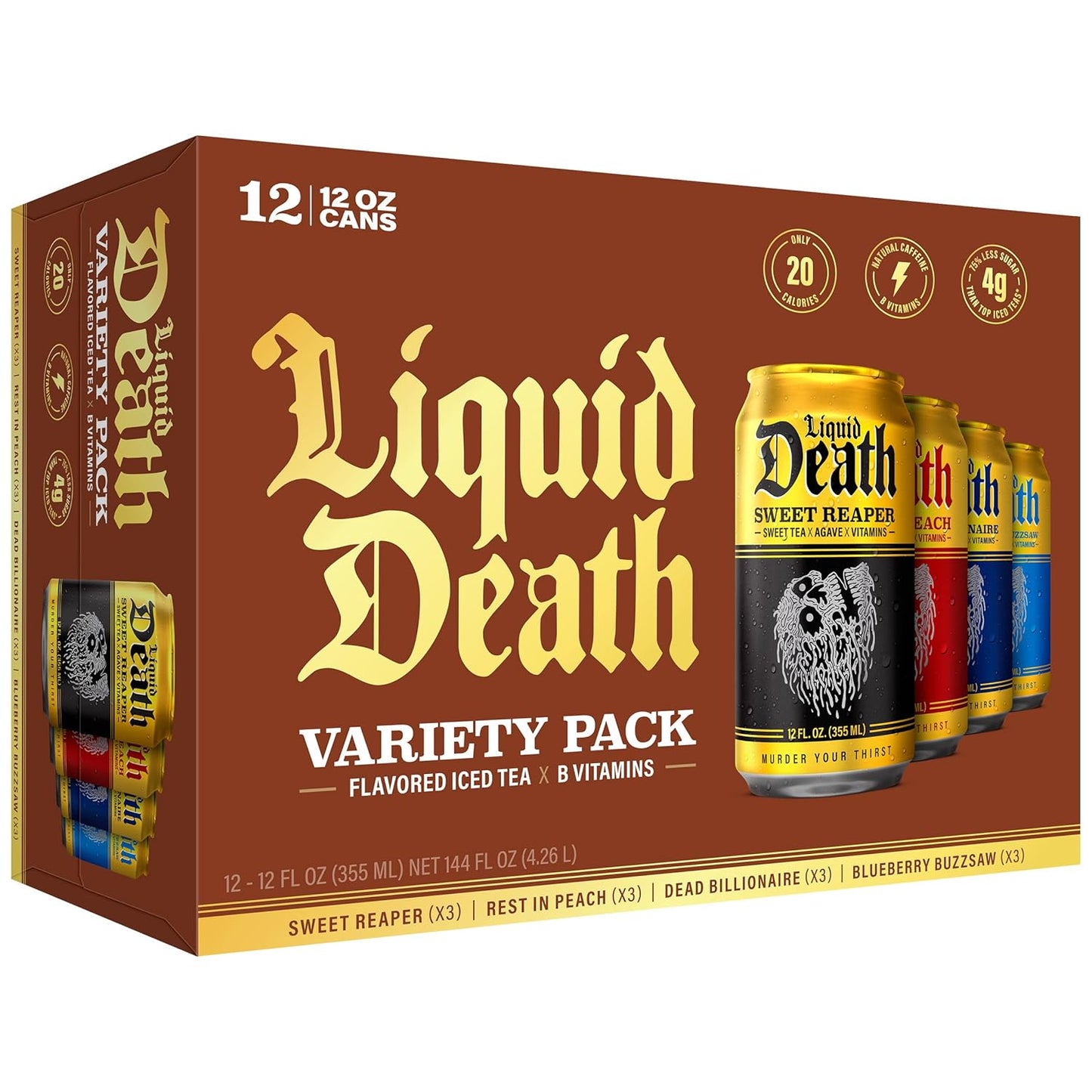 Liquid Death Iced Tea - Variety, Less Sugar*, Boost of Caffeine, B Vit