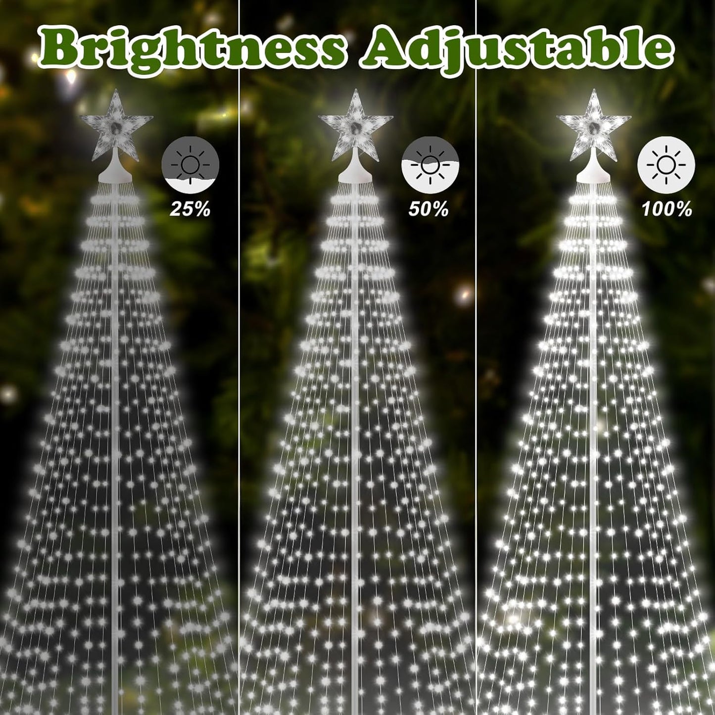 Outdoor Solar Christmas Cone Tree Lights, 8ft 444 LED Christmas Tree LightShow with 8 Modes Timer Remote, Lighted Artificial Tree USB Charge for Xmas Yard Porch Patio Party Holiday Decor, Cold White