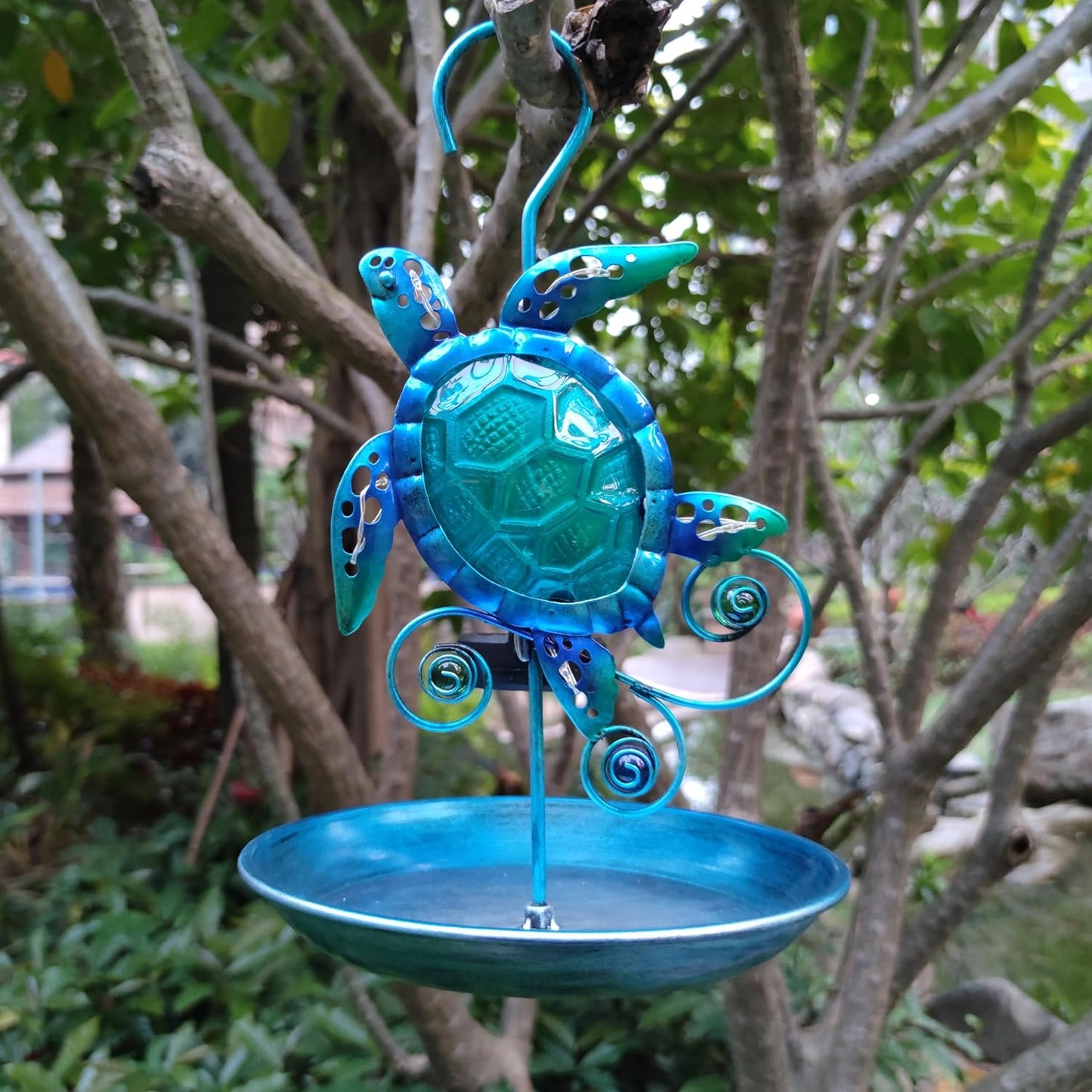 JOYBee Sea Turtle Solar Wild Bird Feeder for Outdoors Hanging, Metal & Glass Ocean Theme Outdoor Cardinals Feeders, Gifts for Bird Lovers and Solar Garden Decoration