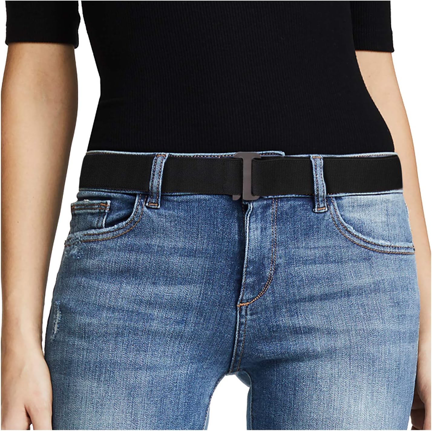JASGOOD Women No Show Stretch Belt Elastic Web Strap Belt with Flat Bu