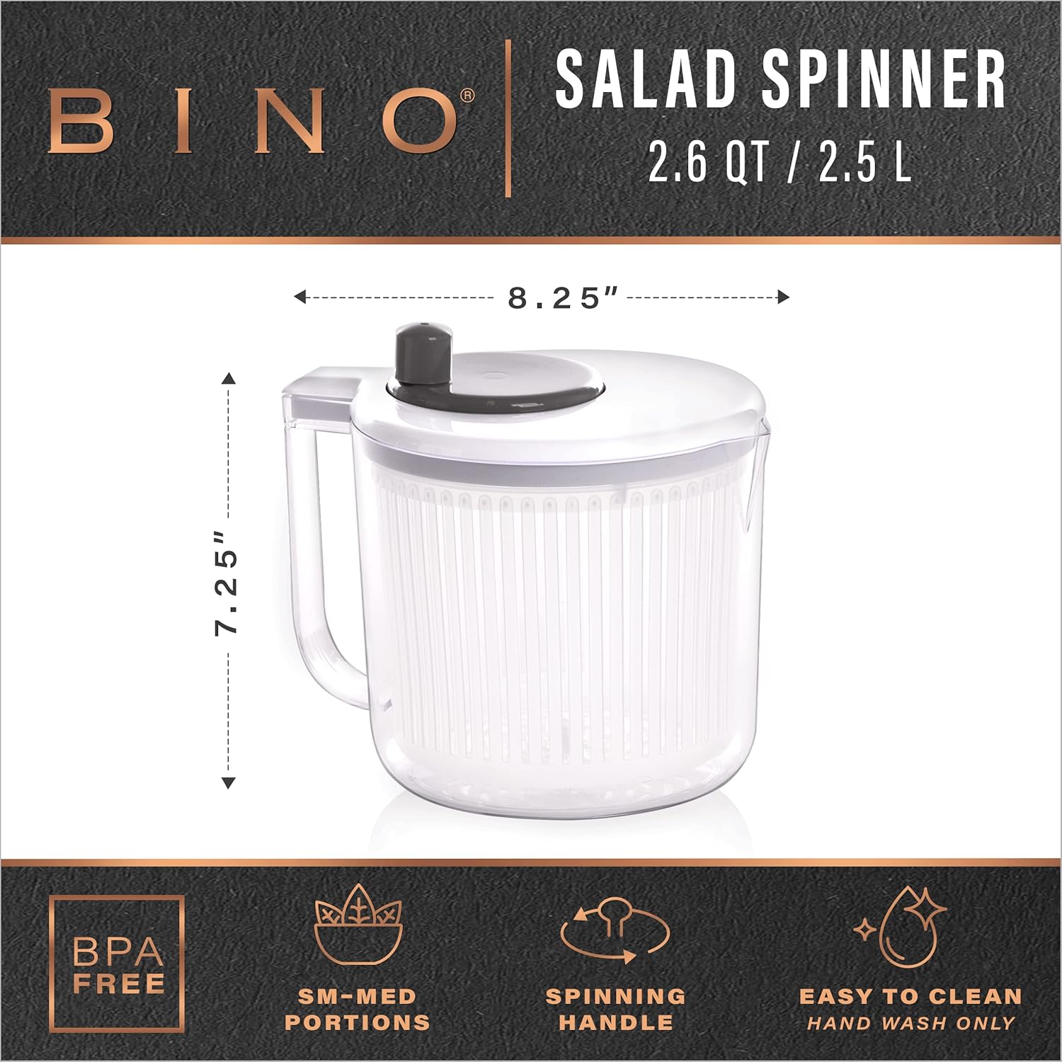 BINO | Salad Spinner - 2.6 Qt | Small Manual Lettuce Spinner with Buil