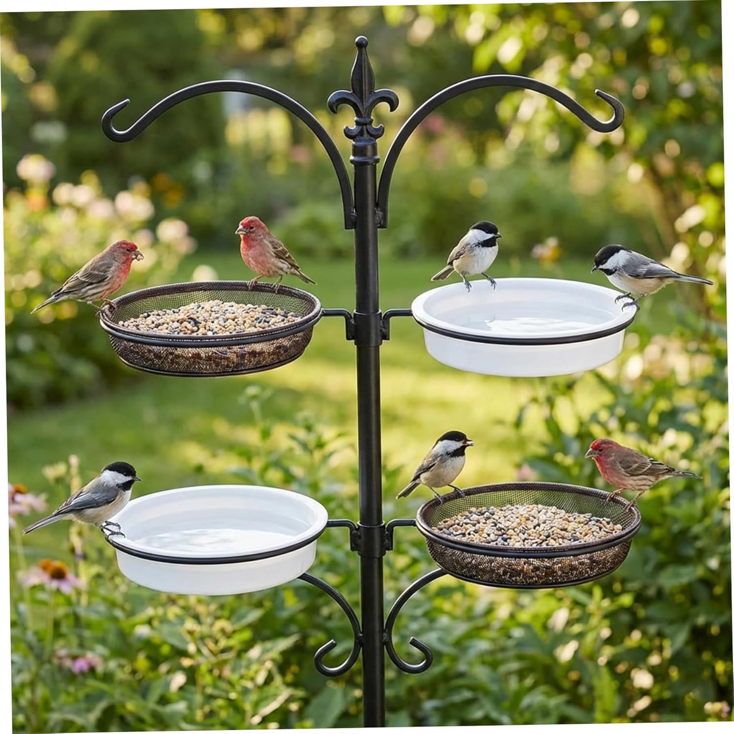 4PCS Bird Feeder Tray, Hanging Birdfeeder & Birdbath 2 Mesh Trays & 2 Water Bowls for Garden, Outdoor Wild Bird Feeding Station Feeder Tray