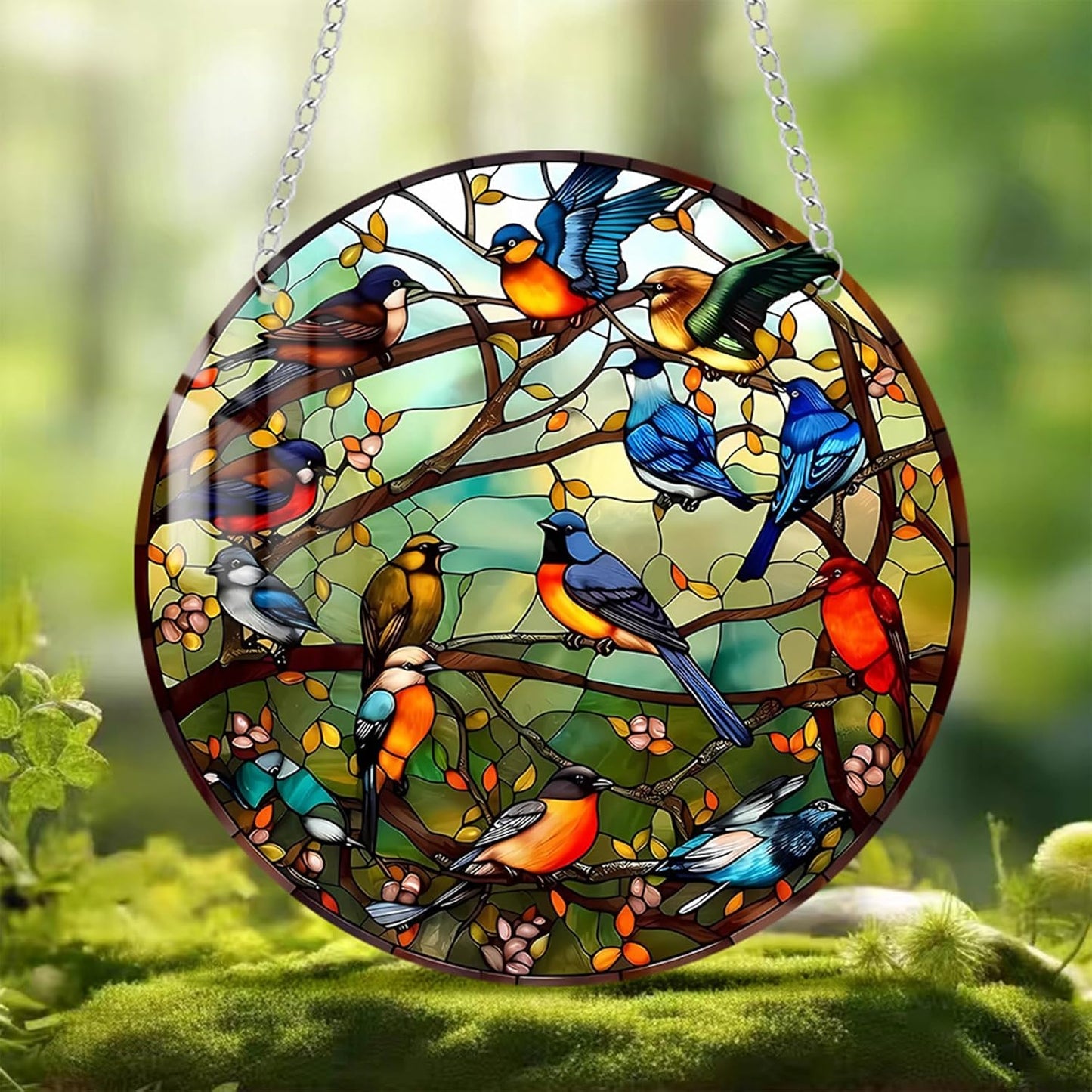 Stained Glass Window Hanging Suncatcher – Paint Cardinal & Hummingbird Panel, Round Glass Ornament, Birds on a Branch Nature Decor, Colorful Gift for Bird Lovers, Family, and Friends 5.9x5.9 in