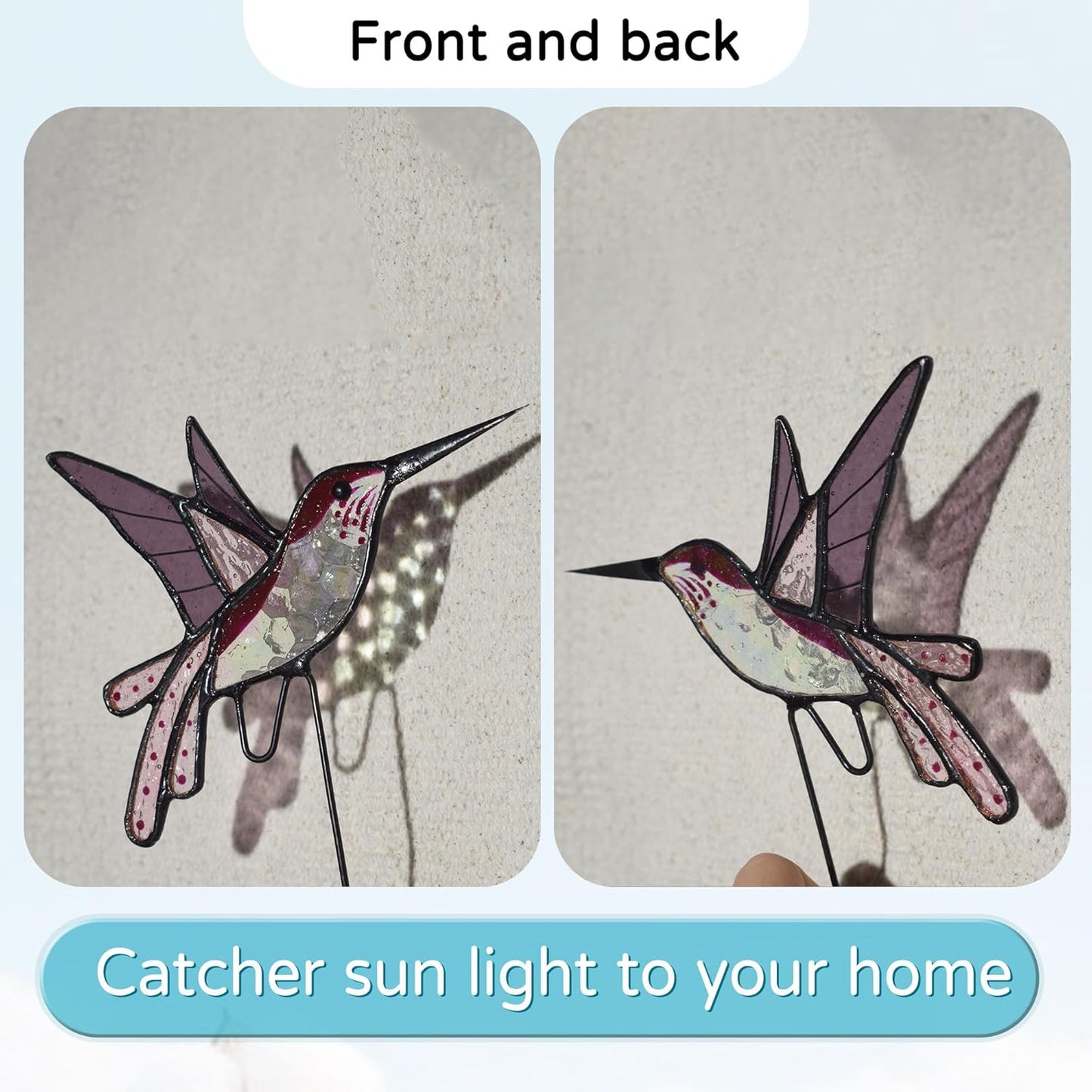 Lolitarcrafts Stained Glass Hummingbird Suncatcher for Planter Decoration – Colorful Glass Plant Pot Ornament, Ideal as a Gift for Christmas or Other Occasions (Purple A)