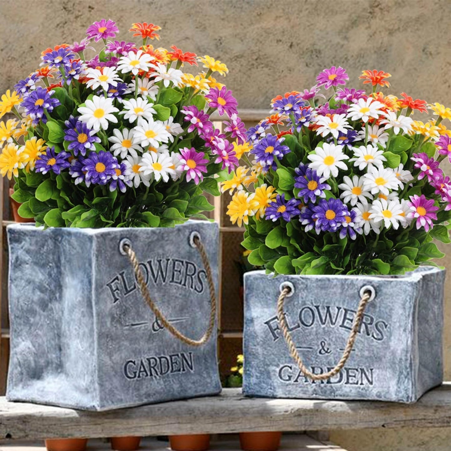 10 Bundles Outdoor Artificial Daisies Plastic Flowers UV Resistant Fake Daisy Flowers Faux Plants for Home Decor Indoor Outside Front Porch Window Box Planter Garden Pot Decoration