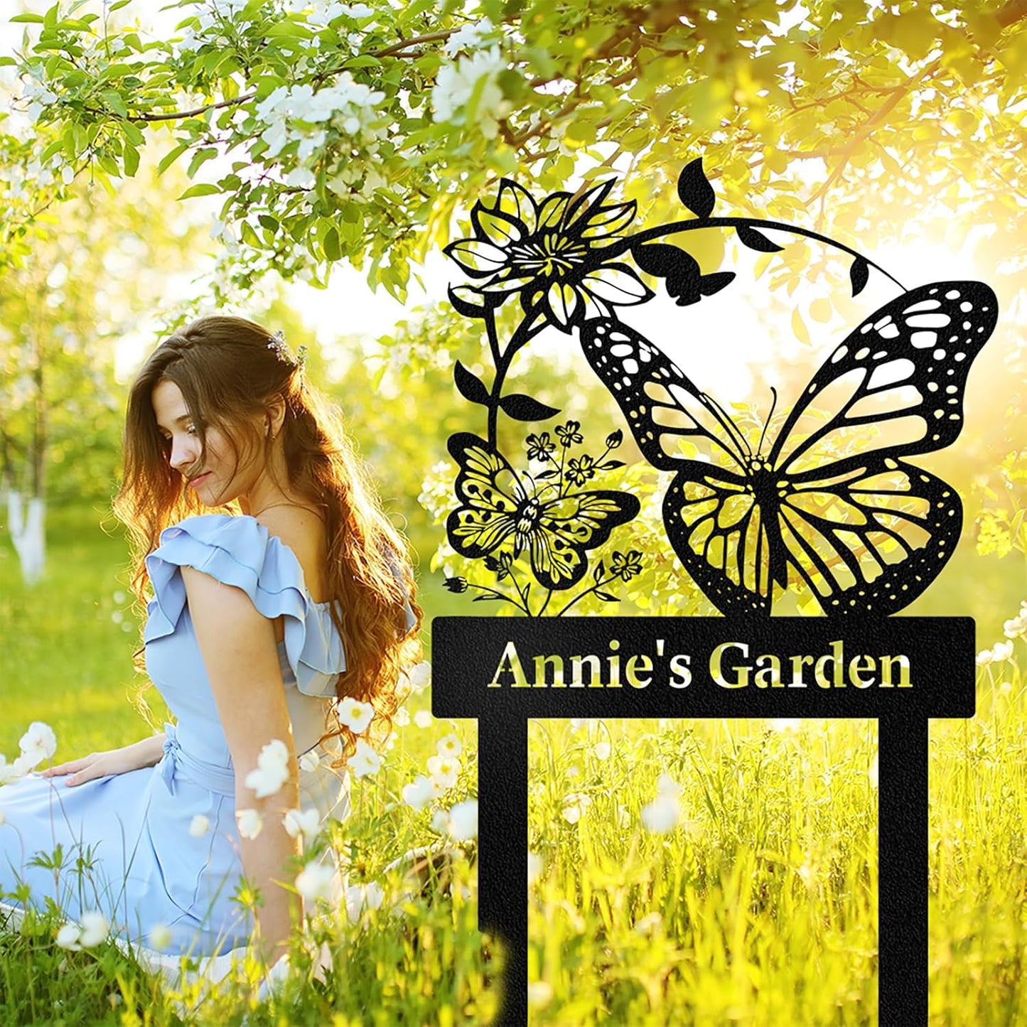 Personalized Garden Signs for Outdoor, Custom Butterfly Garden Sign with Stake Metal Waterproof, Customized Metal Name Sign, Patio Yard Decor Gardening Gift