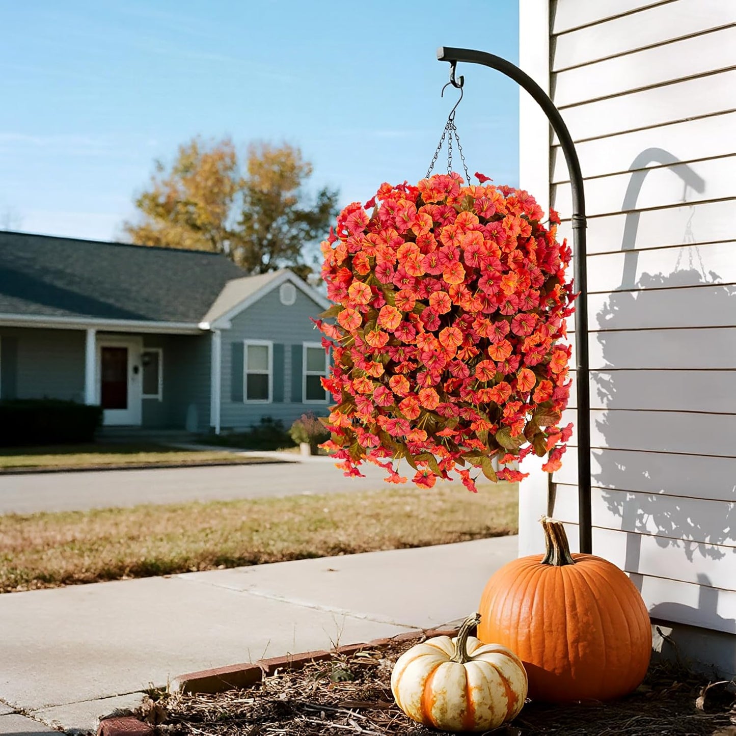 Artificial Fall Hanging Flowers for Outdoors Decoration, 2PCS Fake Plants Faux Realistic Silk Morning Glory Long Vines UV Resistant for Autumn Outside Porch Patio Balcony Yard Planter, OrangeRed