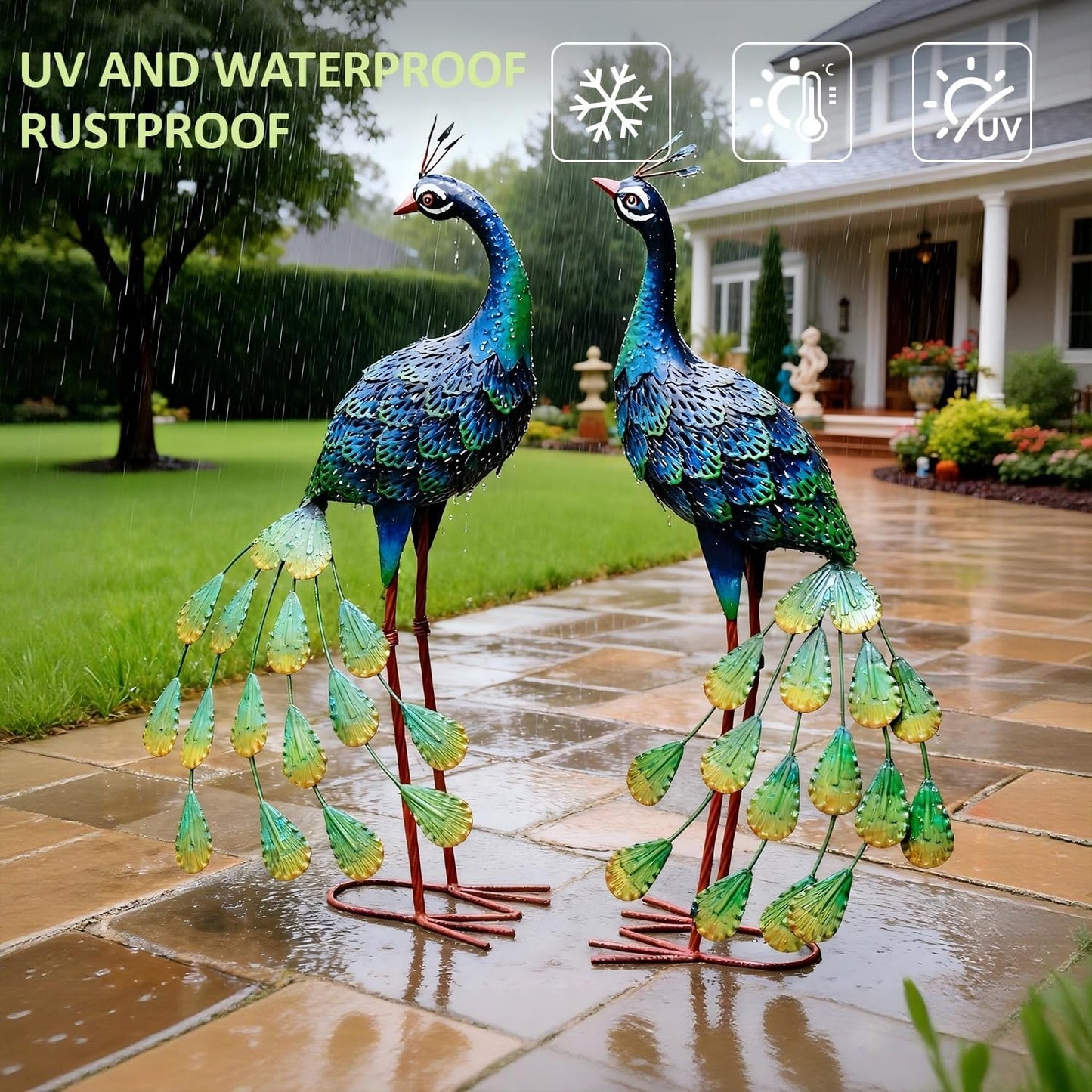 Kircust Solar Metal Peacock Statues - Set of 2 Weatherproof Outdoor Decor with Solar Lights for Garden, Yard, or Patio - Elegant Peacock Gifts