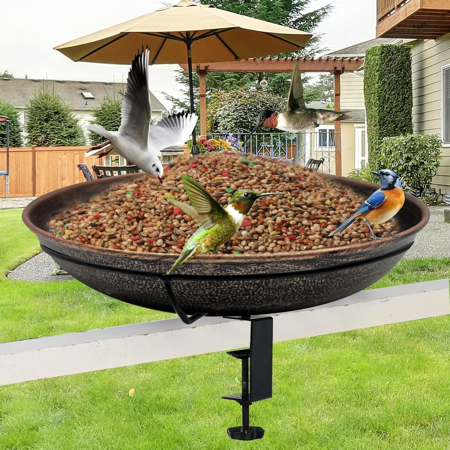 Deck Mounted Bird Bath, Easy to Clean12 Detachable Bath Bowl, Metal Birdbath for Outside with Sturdy Adjustable Clamp for Railing Balcony Fence Outdoor Decor 0.7 Gallon