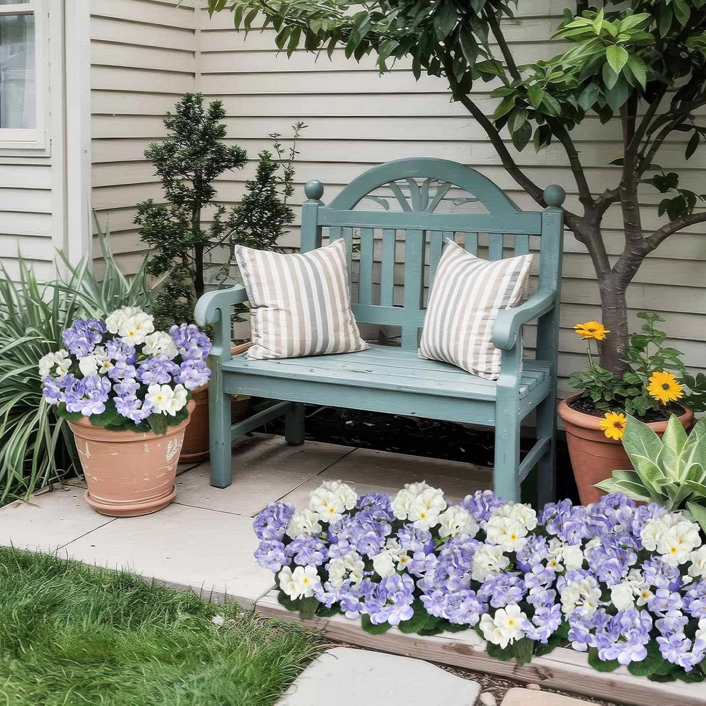 3 Pcs Artificial Flowers for Outdoors Silk Geraniums Flowers UV Resistant Realistic Faux Geraniums for Outdoor Planters Pot Patio Garden Hanging Basket Porch Indoor Decor Light Purple and White