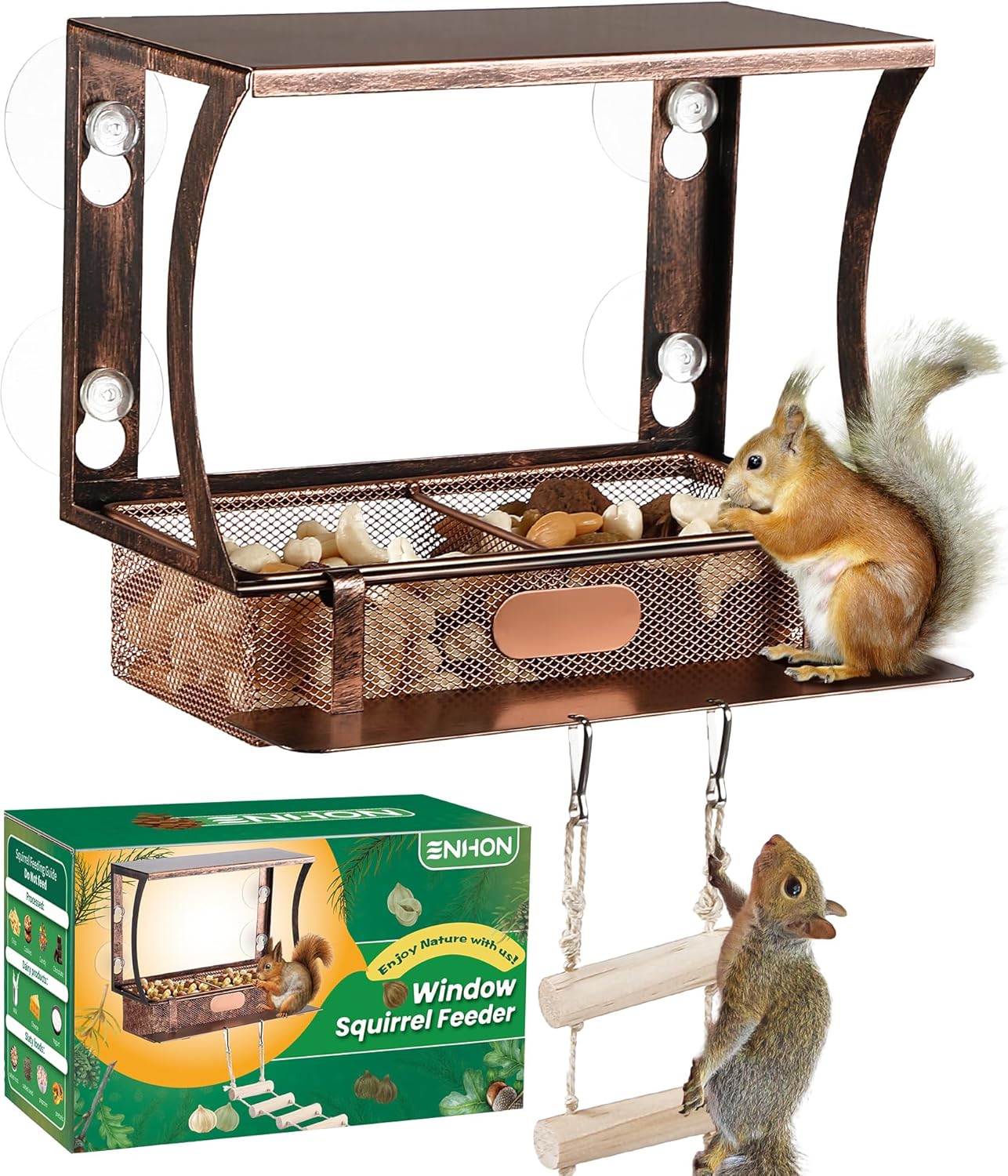 Enhon Window Squirrel Feeder, Metal Squirrel Feeders for Outside Winter with Strong Suction Cups & Ladders, Safe Funny Chipmunk Feeder, Feeding Shelter for Squirrels for Corn Peanuts