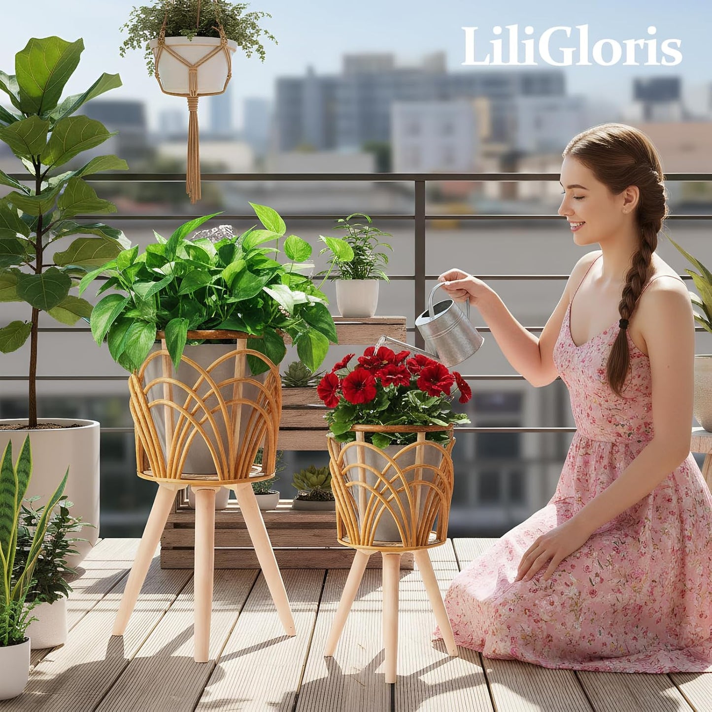Boho Rattan Plant Stand Indoor Outdoor - Set of 2 (Small & Medium) Wicker Planter Shelf for Multiple Plants, Mid-Century Modern Wooden Flower Pot Holder with Stand, Farmhouse Home Decor for Living Room, Balcony, Patio