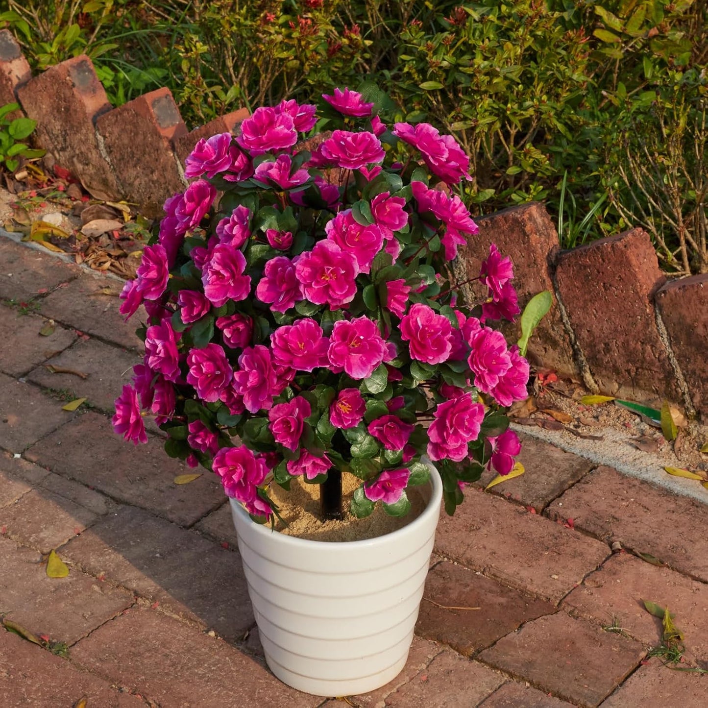 Artificial Silk Flowers Azalea for Outdoor with Ground Spike, Spring Summer 23" Faux Floral Topiaries Ball Bushes Shrubs for Home Garden Yard Patio Decor UV Resistant (Purple)