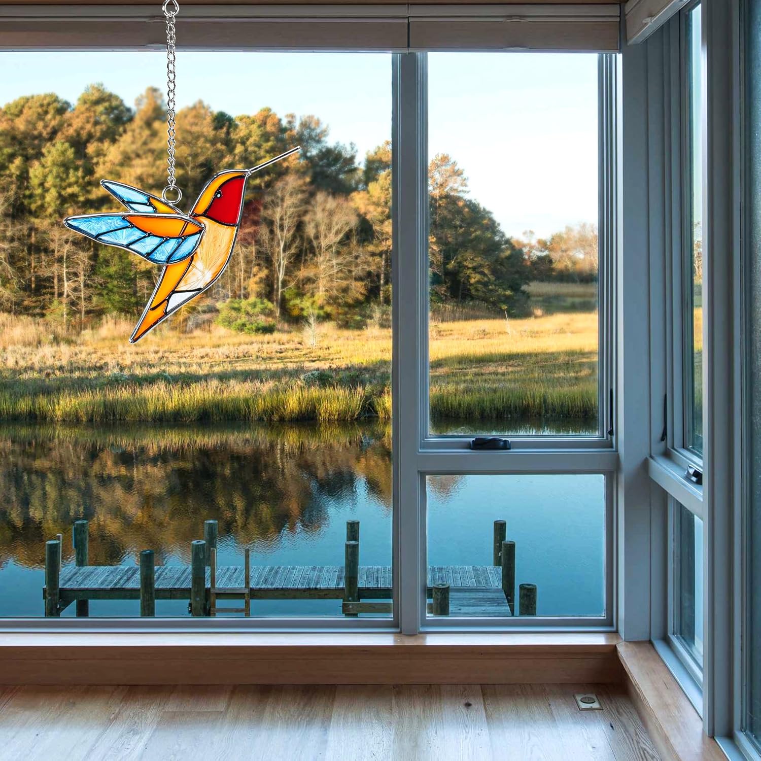 Handmade Stained Glass Hummingbird Hanging Ornament - Colorful 4.3x4.9
