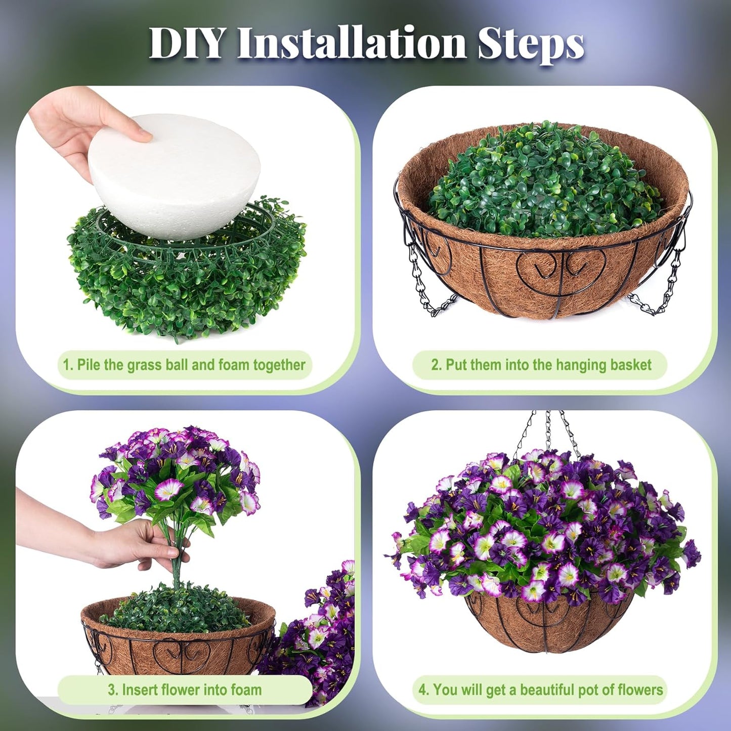 Artificial Hanging Flowers 12 inch Basket, Faux Silk Petunias Flower Arrangement,Coconut Lining Pot Planter with Morning Glories Patio Garden Porch Deck Spring Summer Decor(Purple Edge)